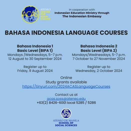 Bahasa Indonesia Language Courses Information Bahasa Indonesia 1, Basic Level (BIPA 1)  Mondays/Wednesdays, 5:00 - 7:00 pm  12 August to 30 September 2024   Registration deadline: Friday, 9 August 2024     Bahasa Indonesia 2, Basic Level (BIPA 2)  Mondays/Wednesdays, 5:00 - 7:00 pm  7 October to 27 November 2024   Registration deadline: Wednesday, 4 October 2024