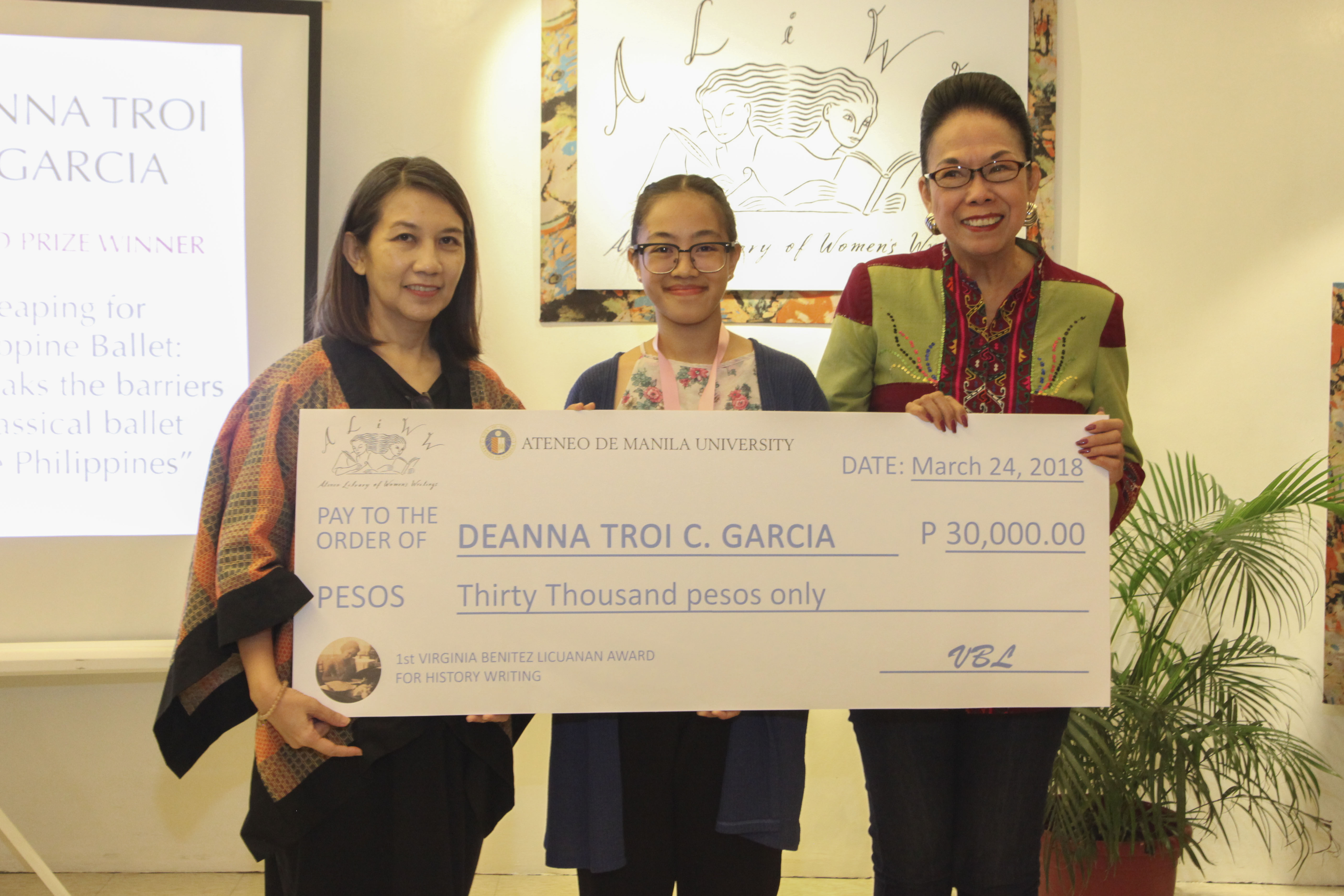 Winners of the 1st VBL Award for History Writing with Patricia Licuanan and historians Olivia Anne M. Habana, and Ma. Luisa T. Camagay 