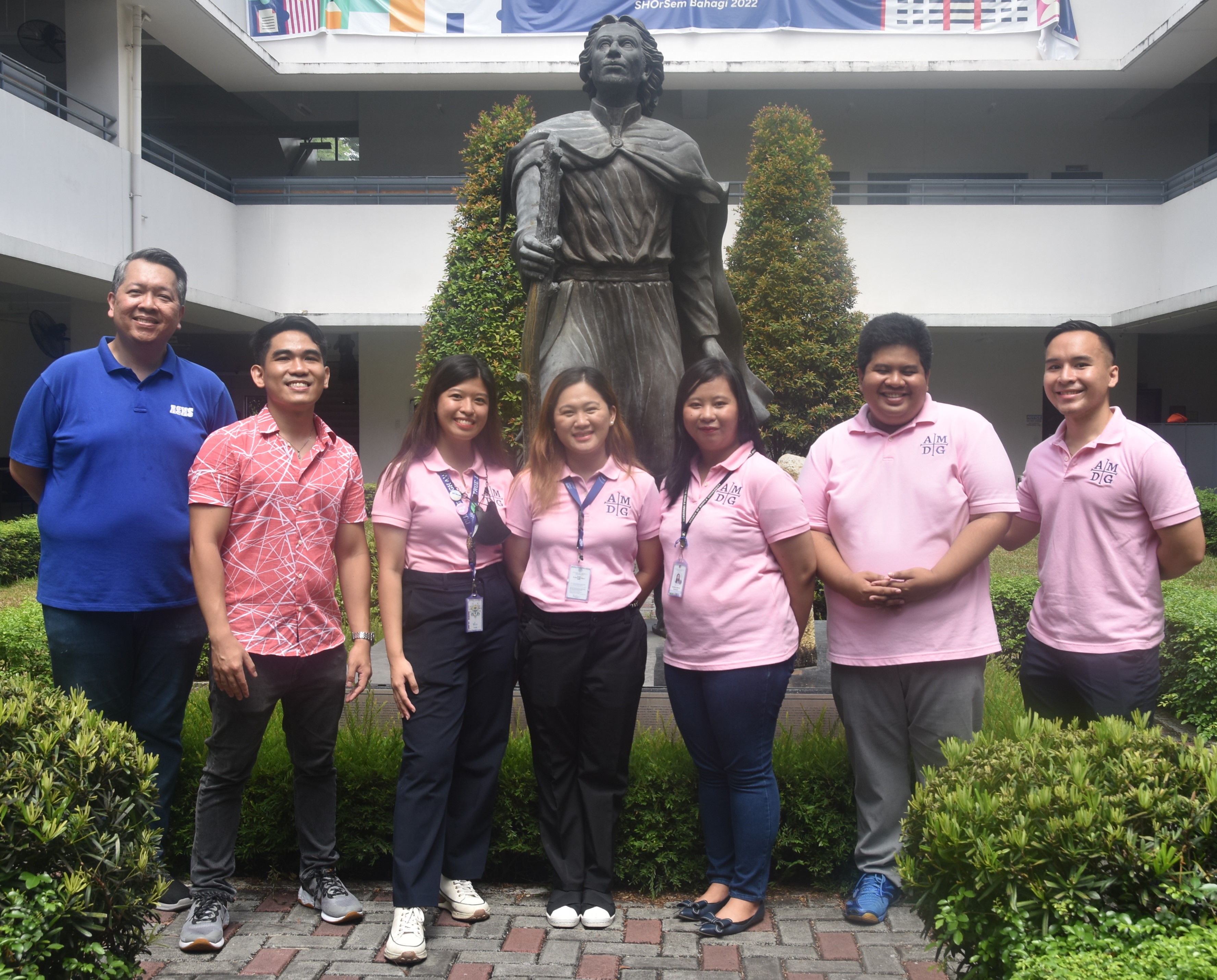 From left: Mr. Miranda (Principal), Mr. Kayanan (STEM Research Teacher), Ms. Santiago (HumSS Research Teacher), Mrs. Cobar (Research Subject Area Coordinator, STEM Research Teacher), Ms. Suacillo (GA Research Teacher), Mx. Gabe (ABM Research Teacher), Mr. Ramos (STEM and GA Research Teacher)