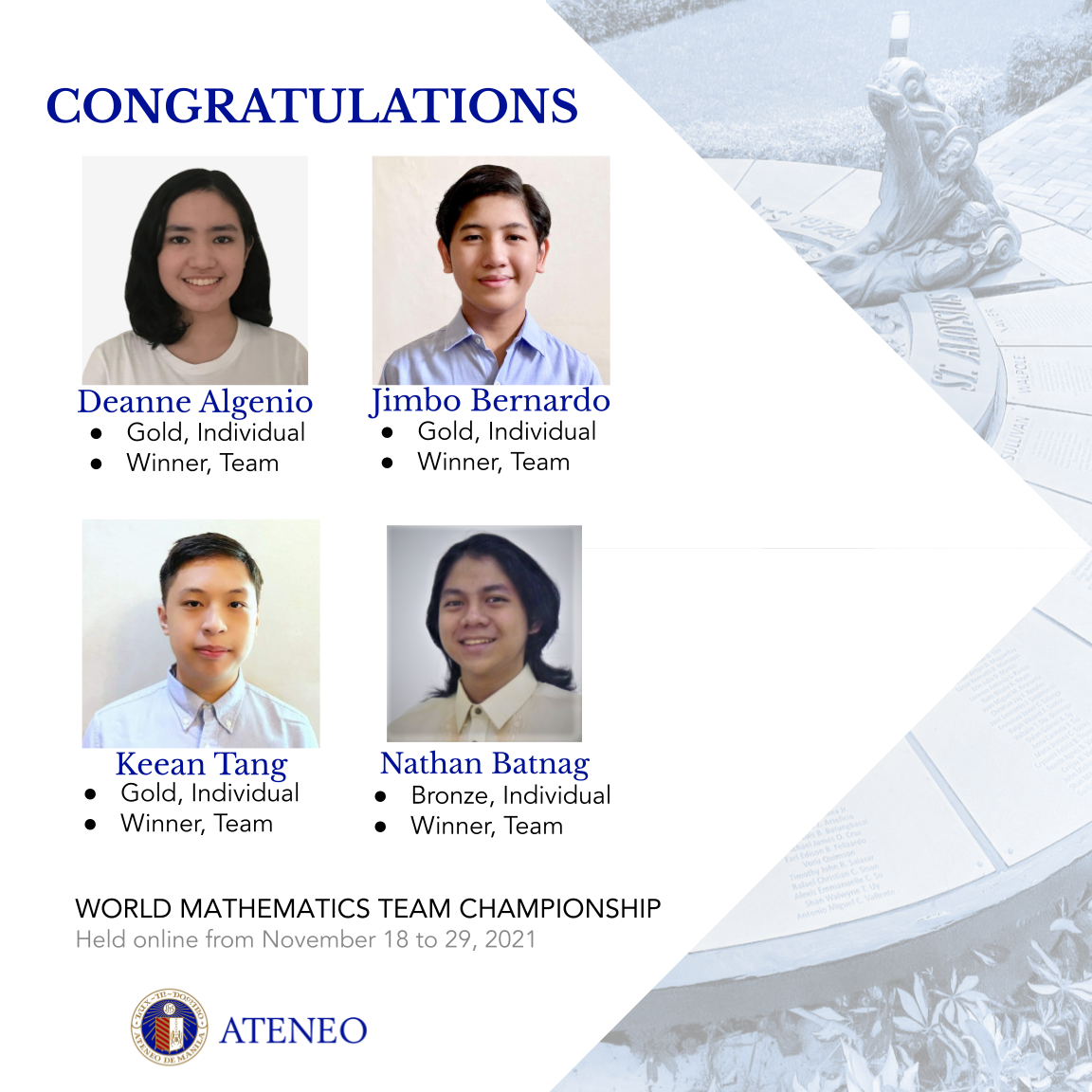 (clockwise from top) Deanne Algenio, Jimbo Bernardo, Nathan Batnag, Keean Tang