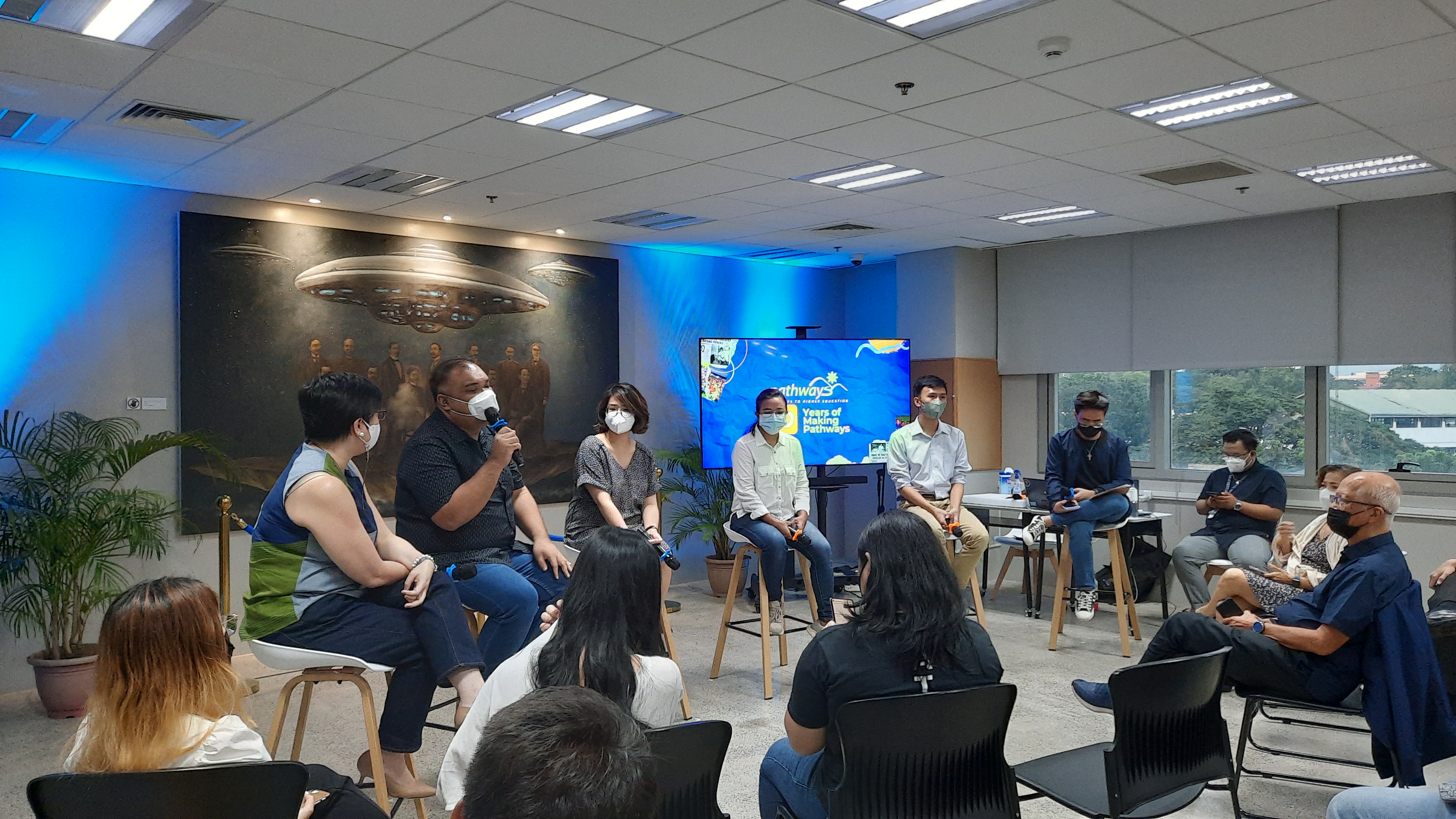 Pathways director Solvie Nubla-Lee (far left) and Pathways alum Eric Aninang (far right) interviewing alums (second from left to right) McKenneth Baluyot, Chris Lacdao, Rovalie Tamayao, and Jerome Valdez