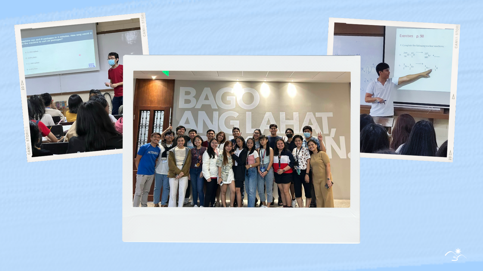 Three polaroids on a blue background showing various pictures of students in classrooms.