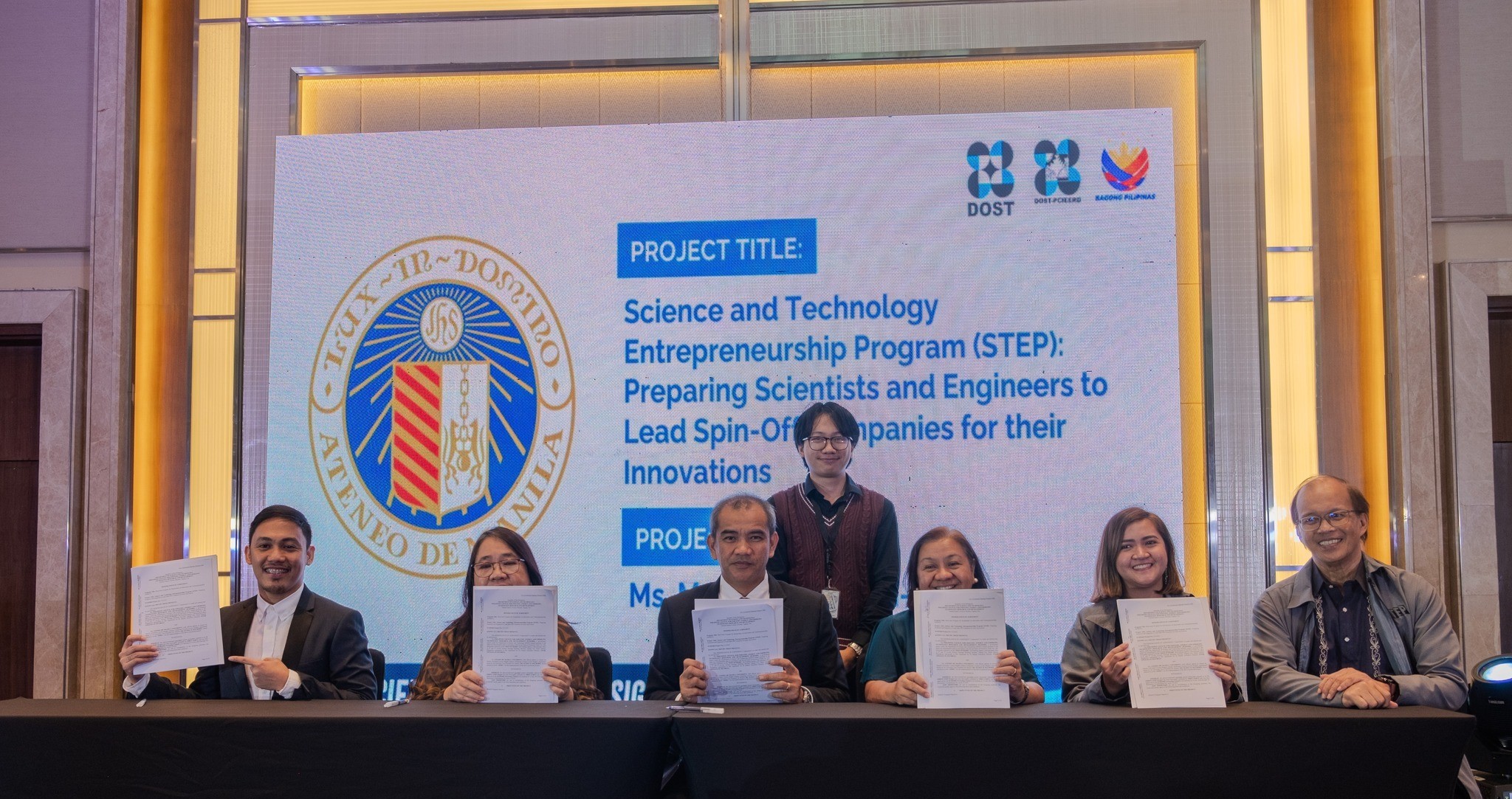 Photo courtesy of DOST-PCIEERD’s Facebook page. From left to right: Engr Edward Paul Apigo; Engr Niñaliza H Escorial, Deputy Executive Director of the Philippine Council for Industry, Energy, and Emerging Technology Research and Development (DOST-PCIEERD); Dr Enrico C Paringit, Executive Director of DOST-PCIEERD; Ms Maria Leonora C Guico, Director of the Ateneo Research Institute of Science and Engineering (ARISE); Ms May Ann Udtojan-Albis, Project Leader of the SPRINT-STEP Project; and Engr Benjamin Mirasol, Head of the Commercialization and Business Incubation Group at the Ateneo Intellectual Property Office.