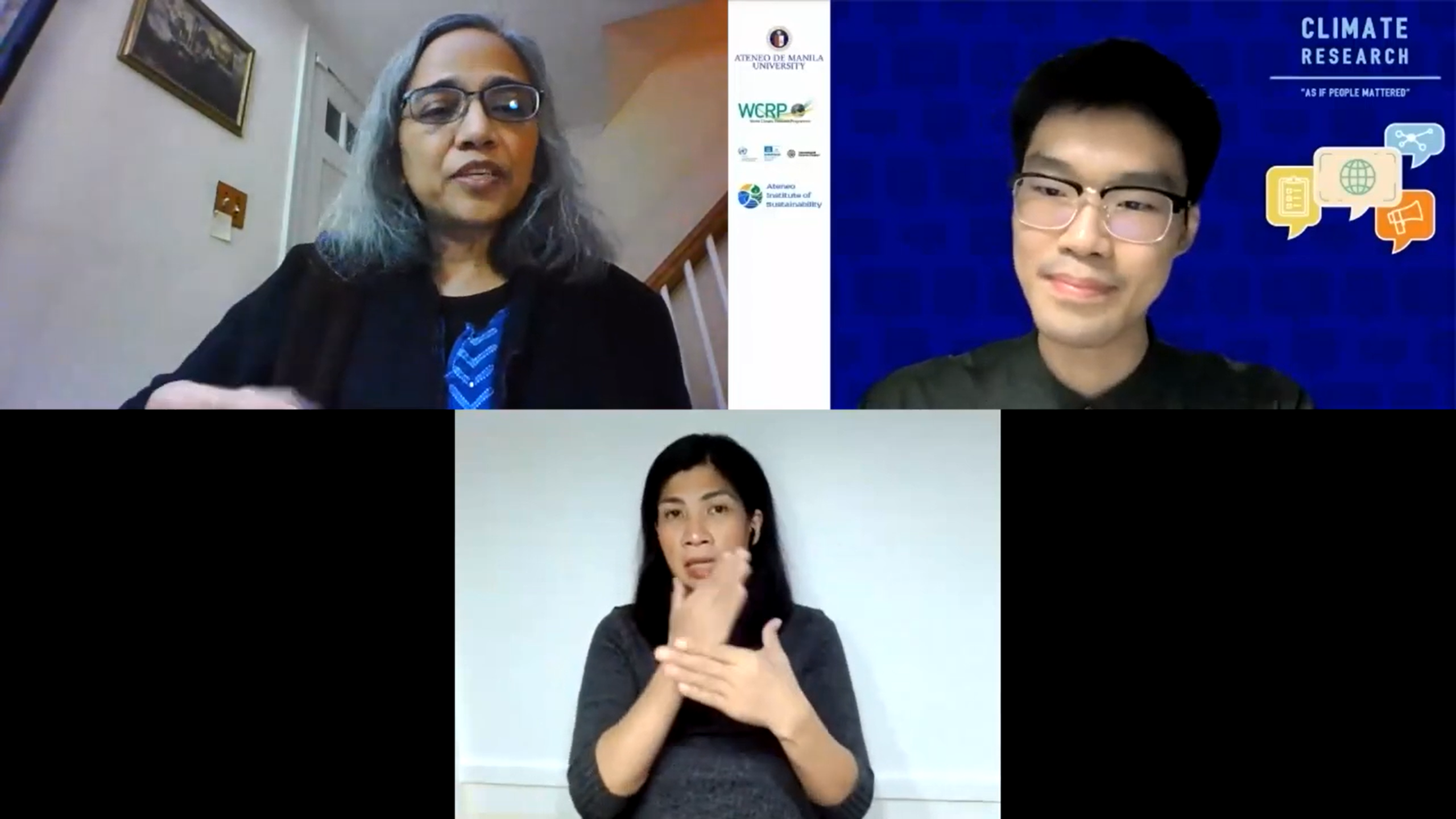 The screenshot shows Dr Singh, Mr Ratilla, and a Filipino Sign Language interpreter.