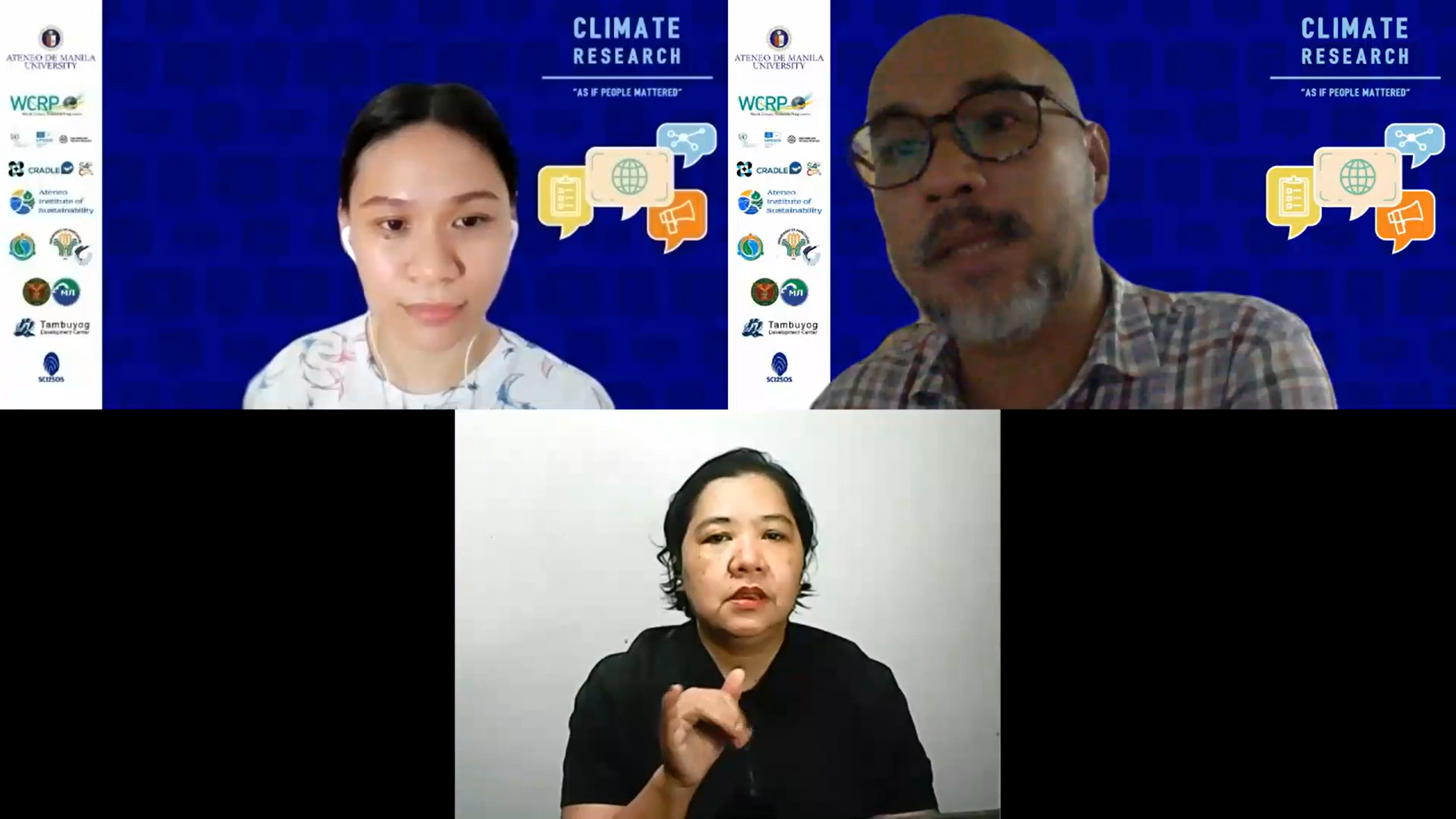The screenshot shows Mr Rodolfo, Ms Jardeleza Mijares, and a Filipino Sign Language interpreter.