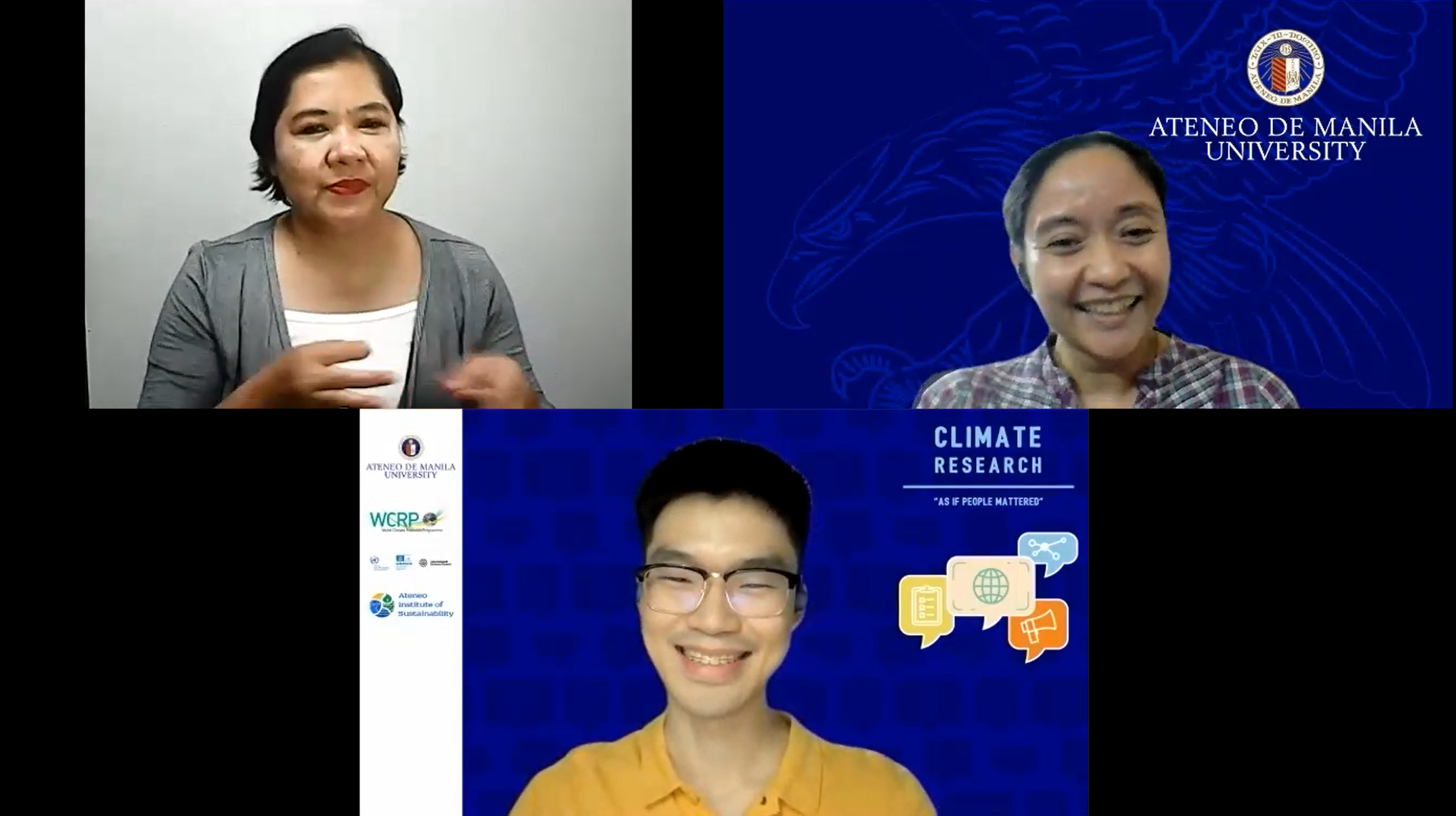 The screenshot shows Dr Ponce de Leon, Mr Ratilla, and a Filipino Sign Language interpreter.