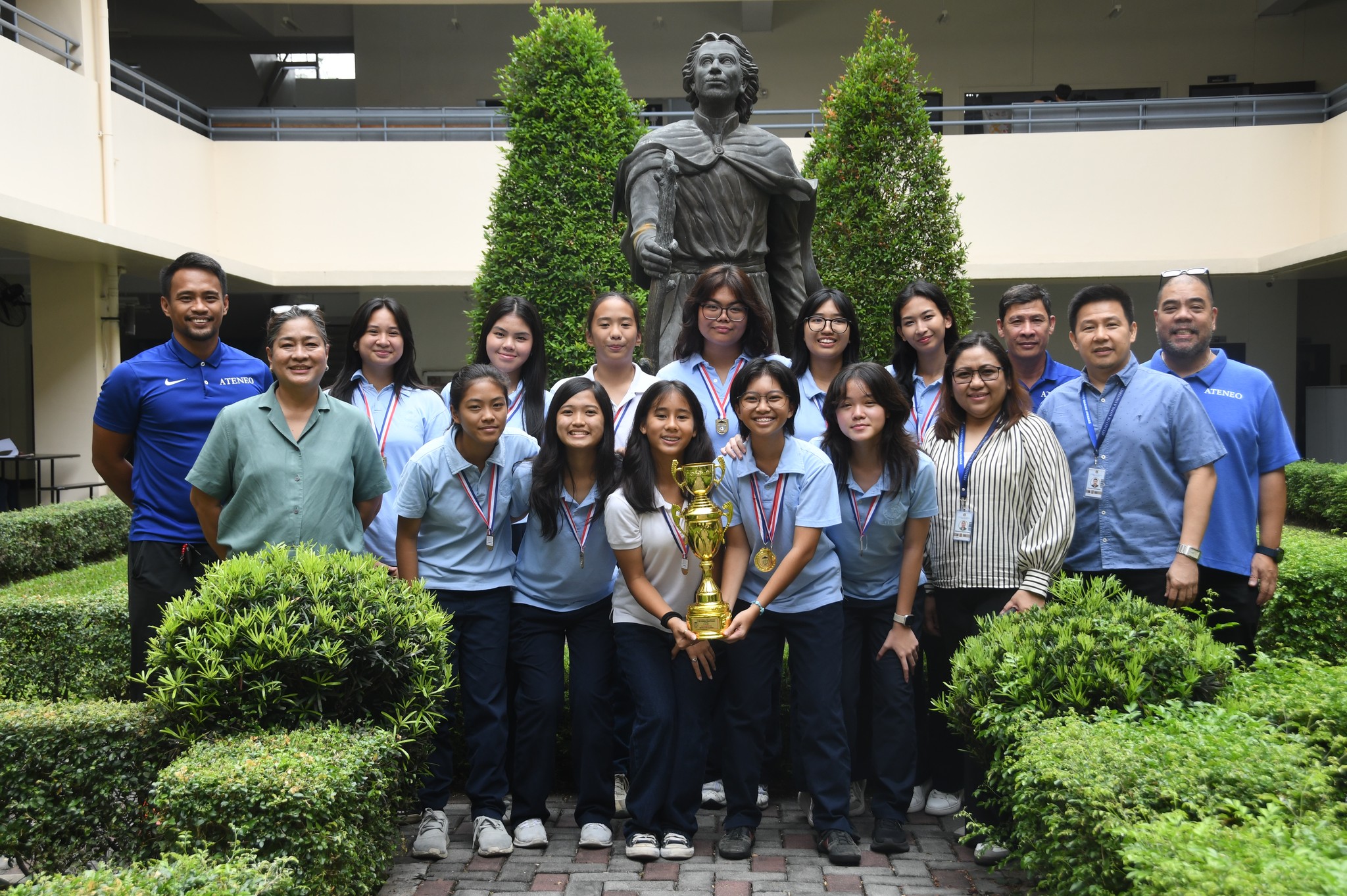 Front row from left: Sansan Borja (ASHS principal), Ven Cambri, Lia Roc, Sari Yañez, Ry Dolor, Adia Evangelista, Gen Sanvictores (AJHS principal); back row from the left: Coach Albert Llevares, Patty Salvador, Rafaela Panes, Tyler Templo, Ace Bonghanoy, Louise Doque, Hannah Bayhon, Coach Jeff Lobaton, Ron Capinding (AJHS APFor), JM Pilares (ASHS athletics coordinator); not in photo: