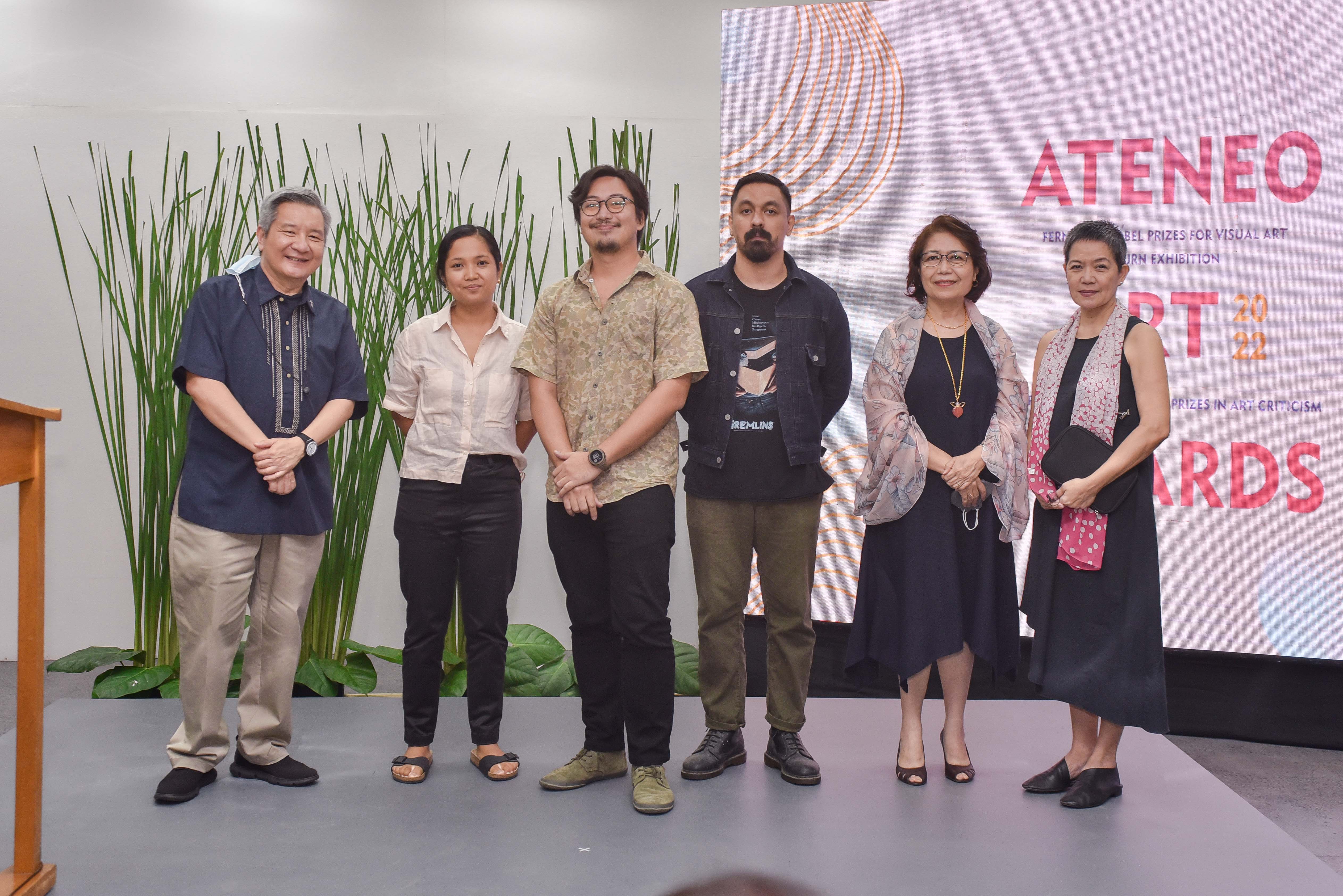 L-R: Fr. Roberto C. Yap, President, Ateneo de Manila University; Nathalie Dagmang, Returning Artist, Ateneo Art Awards 2022; Cian Dayrit, Returning Artist, Ateneo Art Awards 2022; Costantino Zicarelli, Returning Artist, Ateneo Art Awards 2022; Dr. Maria Luz Vilches, Vice President of the Loyola Schools, Ateneo de Manila University; Ma. Victoria "Boots" Herrera, Director and Chief Curator, Ateneo Art Gallery. Photo by Clefvan Pornela. Image courtesy of Ateneo Art Gallery.