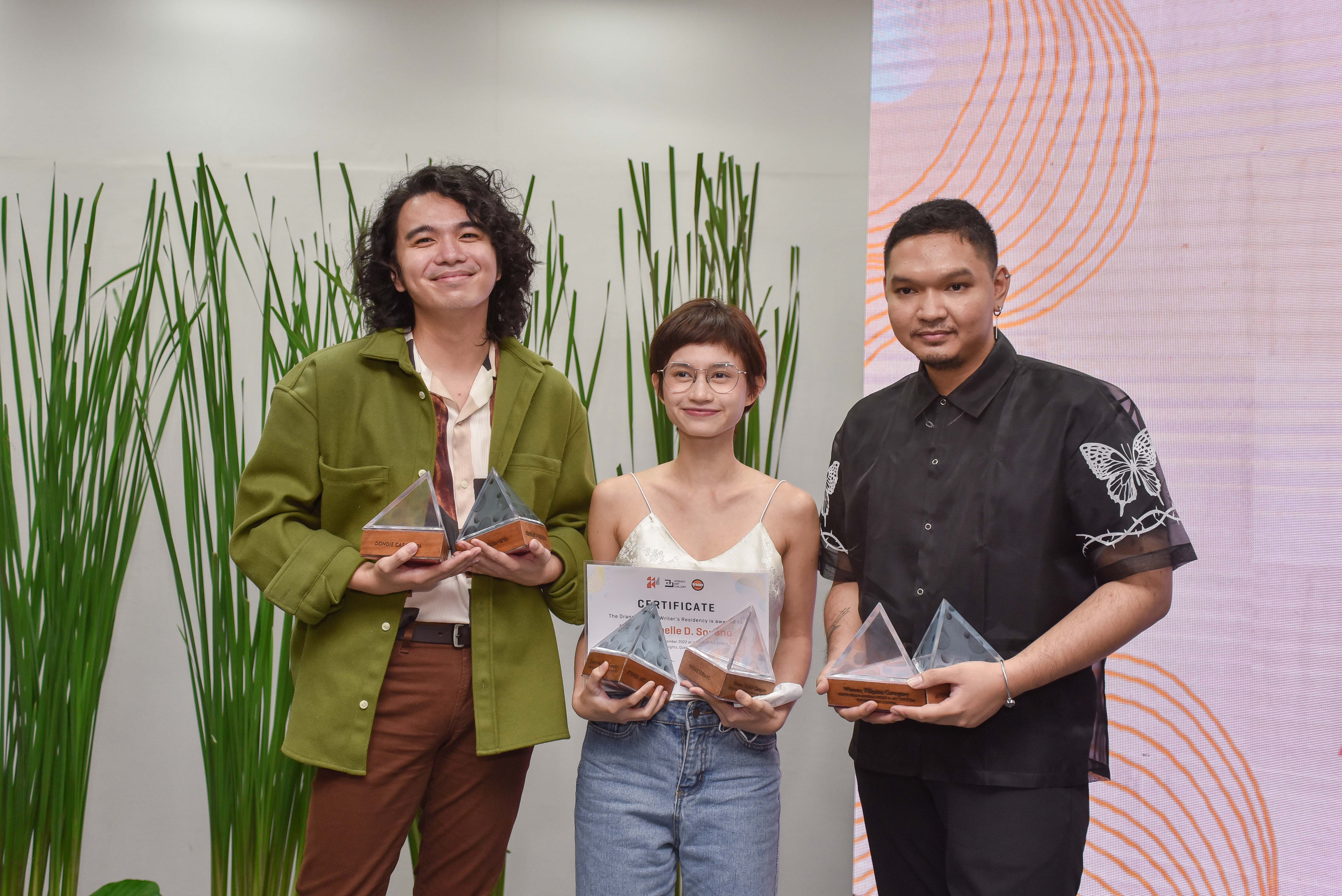 L-R, top to bottom: Dondie Casanova, Winner, Purita Kalaw-Ledesma Prize in Art Criticism — ArtAsiaPacific; Nicole Soriano, Winner, Purita Kalaw-Ledesma Prize in Art Criticism — The Philippine Star; Gian Carlo Delgado, Winner, Purita Kalaw-Ledesma Prize in Art Criticism — Katipunan Journal. Photo by Clefvan Pornela. Image courtesy of Ateneo Art Gallery.