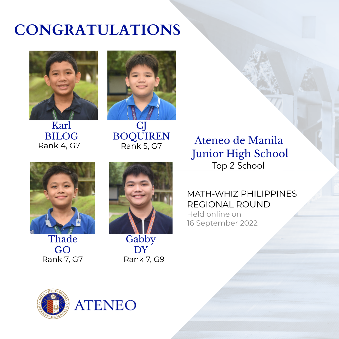Four AJHS boys are among the top ten in the Philippines regional round of Math-Whiz