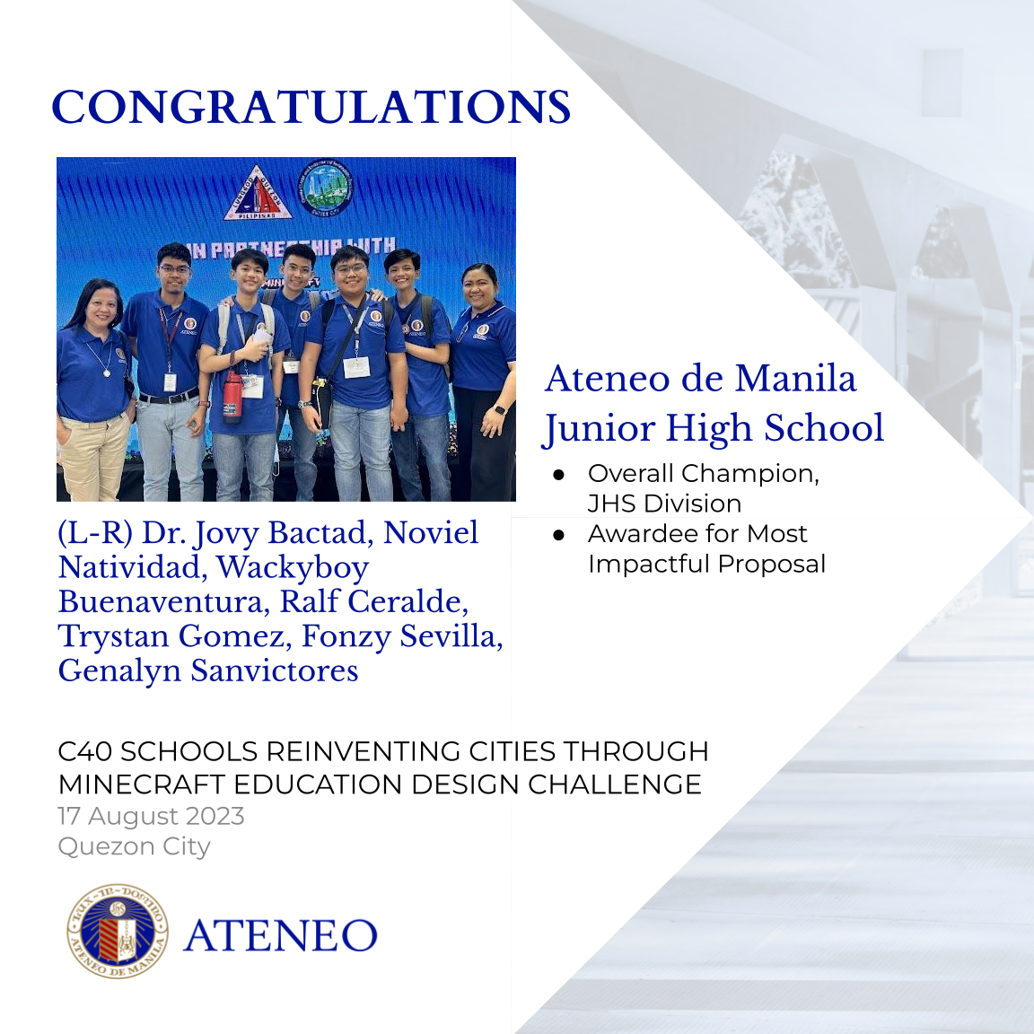 The overall champions of the C40 Schools Reinventing Cities Through Minecraft Education Design Challenge