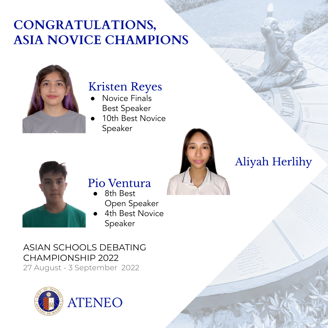 Asia debate novice champs Kristen Reyes, Aliyah Herlihy, and Pio Ventura 
