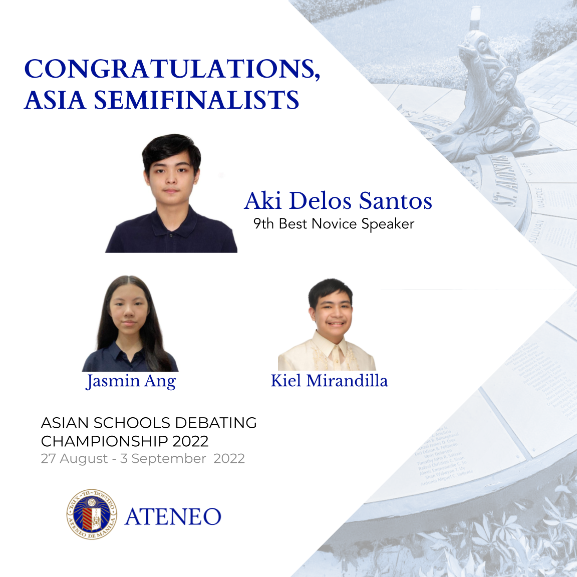 Asia debate semifinalists Aki Delos Santos, Jasmin Ang, and Kiel Mirandilla  