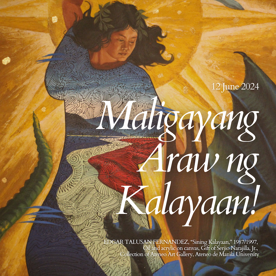 A graphic of Edgar Talusan Fernandez’s “Sining Kalayaan” with the words “Maligayang Araw ng Kalayaan” superimposed on it