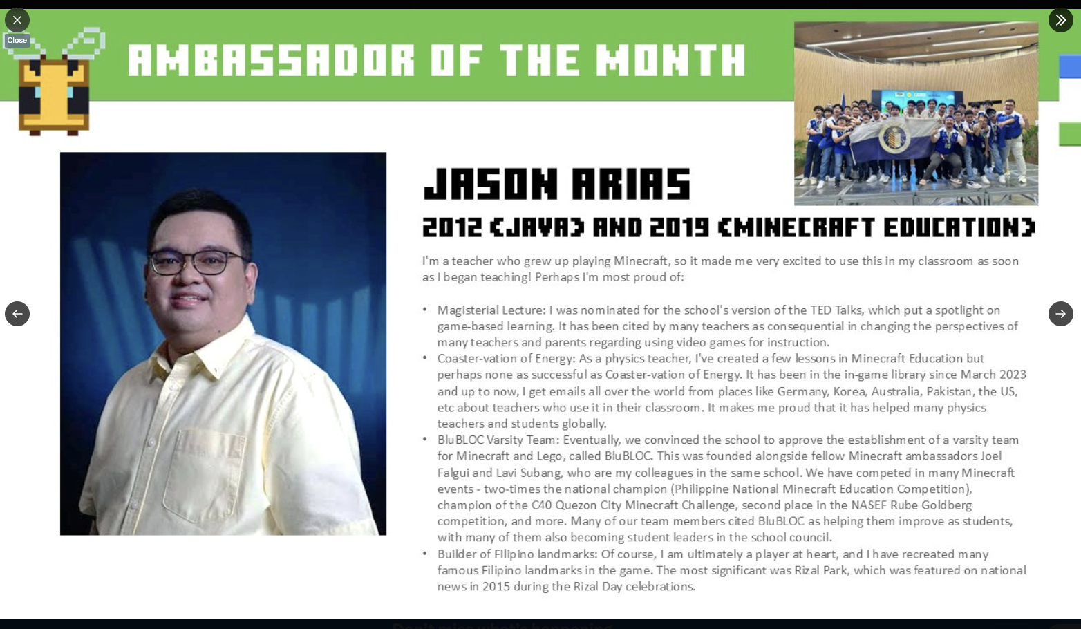 Jason Arias' credentials & bio-data as displayed in Minecraft Education's Ambassador of the Month webpage  