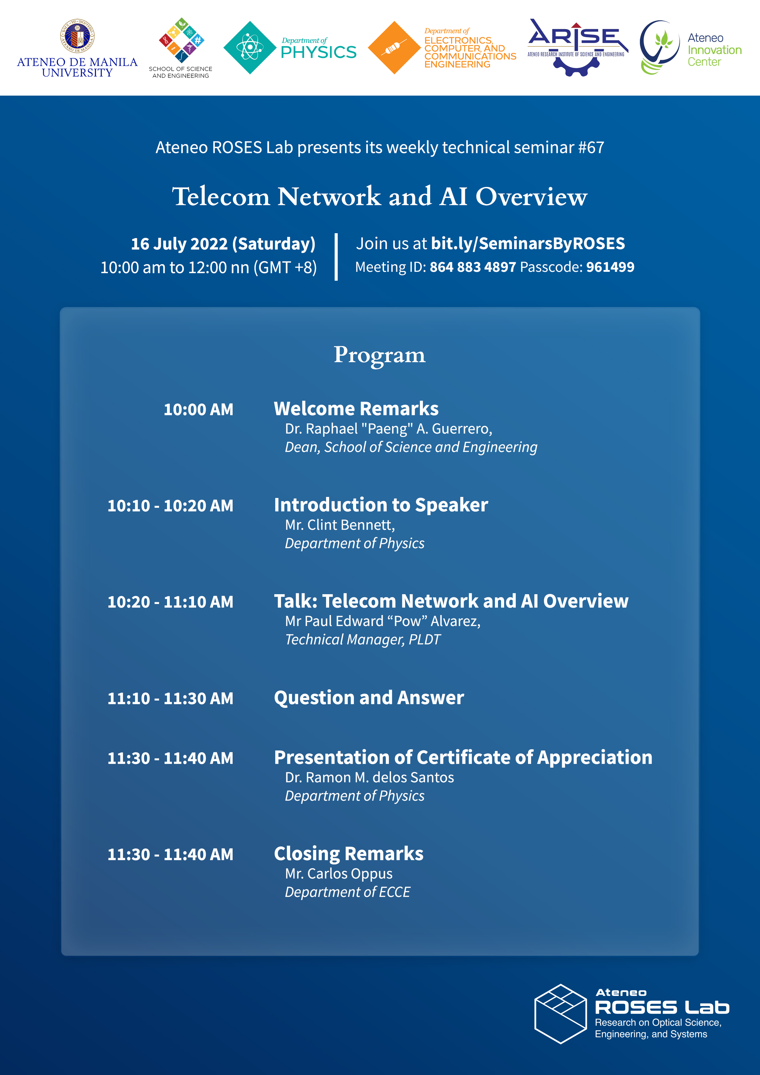Ateneo ROSES Lab Online Seminar 67  Schedule