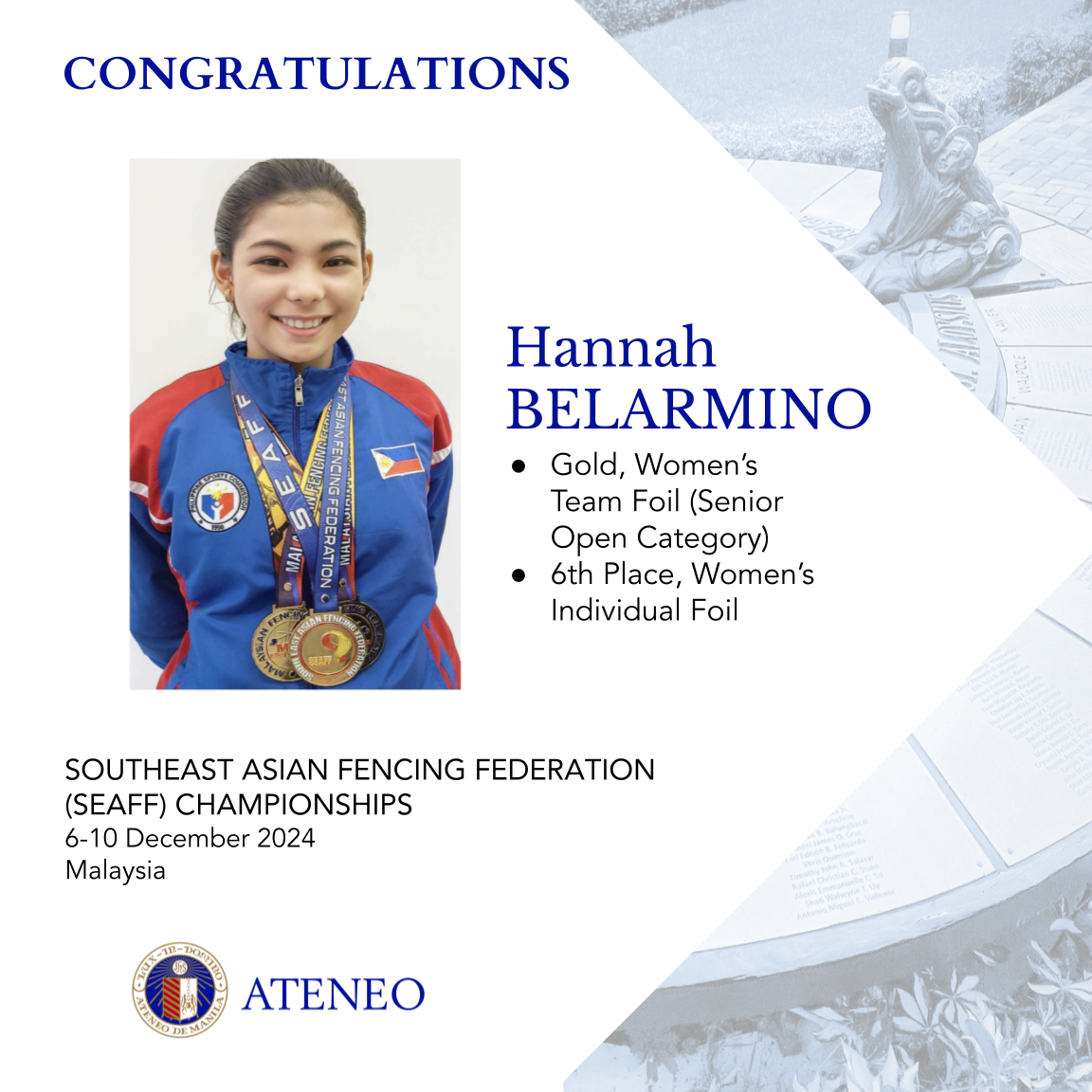 Hannah Belarmino wearing her SEAFF medals  