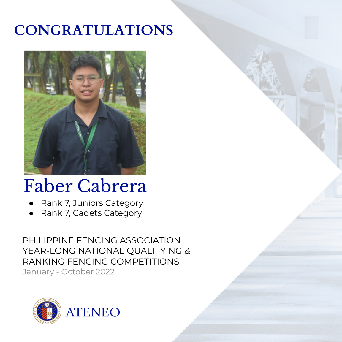 Faber Cabrera is ranked 7th in the country in two categories by the Philippine Fencing Association
