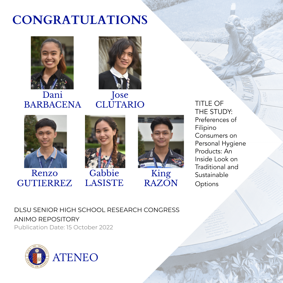 Dani Barbacena (12-Anchieta), Jose Clutario (12-Evans), Renzo Gutierrez (12-Anchieta), Gabbie Lasiste (12-Anchieta), and King Razon (12-Anchieta)