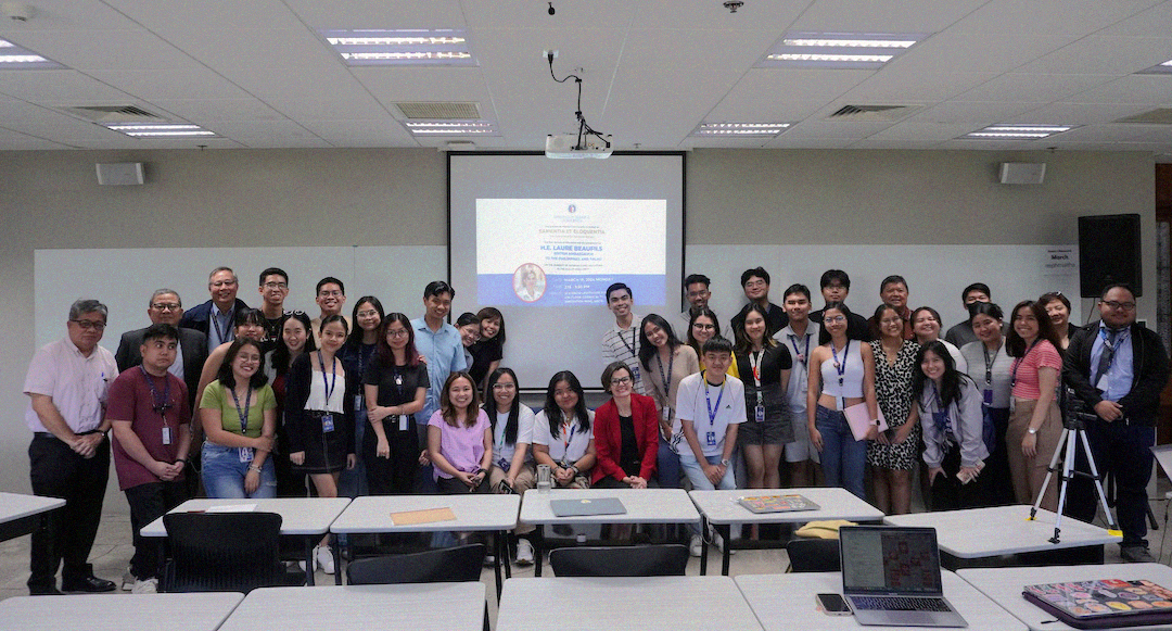 Students and faculty with H E Ambassador Beaufils after her talk