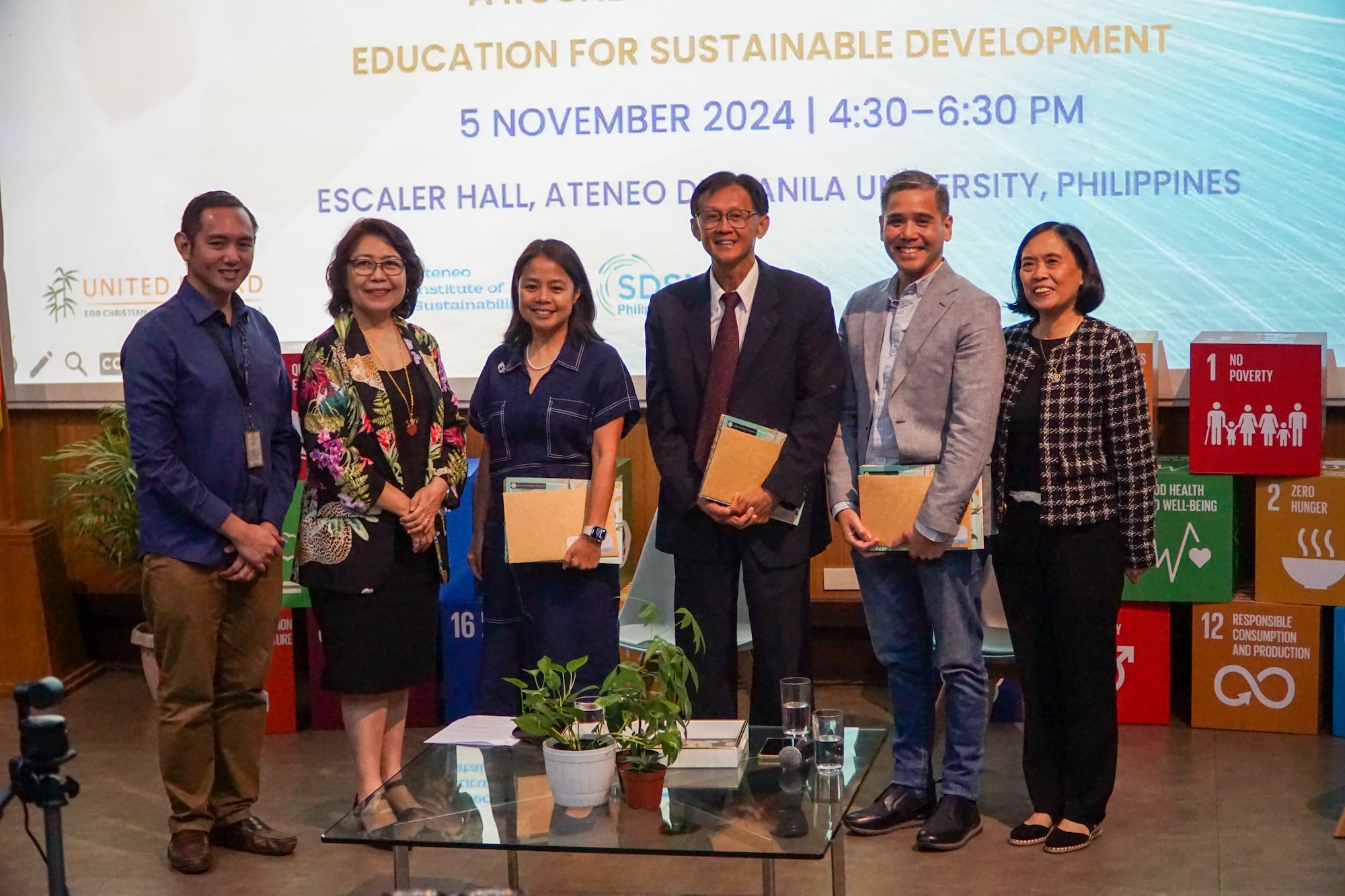Dr Emmanuel Delocado, Director of the Ateneo Institute of Sustainability; Dr Maria Luz C Vilches, Vice President for Higher Education; Ms Katherine Custodio, Executive Director of WWF Philippines; Dr Choon Heng Leong, former Director of the Education and Social Progress Programme at Sunway University’s Jeffrey Cheah Institute on Southeast Asia; Mr Andoni Albert, CEO of Kation Technologies Inc.; and Dr Assunta C Cuyegkeng, Executive Director of The Lily