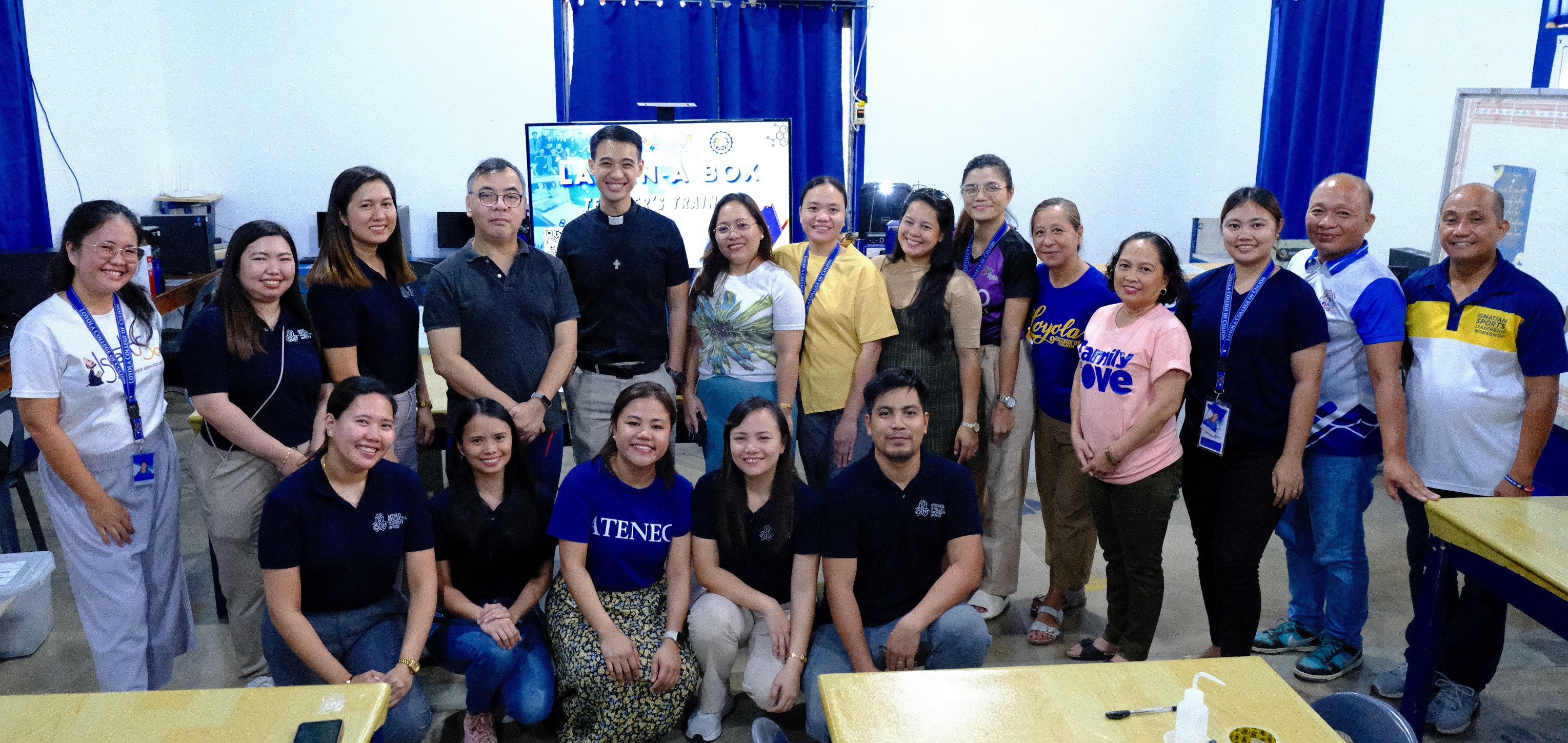 A group photo of the AIPO team with Dr Erwin P Enriquez from the School of Science and Engineering, who conducted the training, Father Joseph Patrick Echevarria, and the teachers at Loyola College of Culion (LCC)