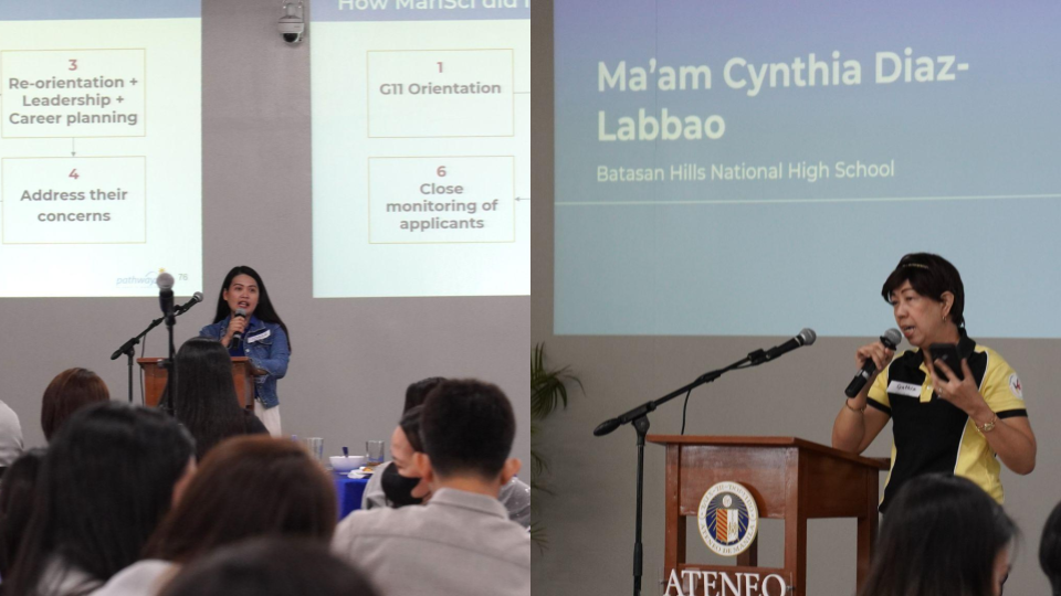 A collage of two photos where teachers stand at a lectern and share tips with their fellow teachers.