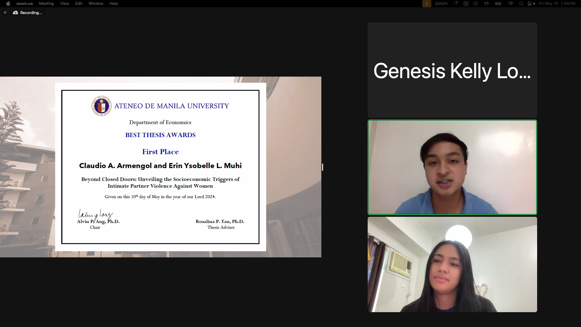 Taking the coveted first place were Claudio A. Armengol and Erin Ysobelle L. Muhi, both from the 4th year AB Economics program. Their thesis titled "Beyond Closed Doors: Unveiling the Socioeconomic Triggers of Intimate Partner Violence against Women" delved into a critical yet often overlooked aspect of gender-based violence, providing valuable insights for policymakers and advocates.