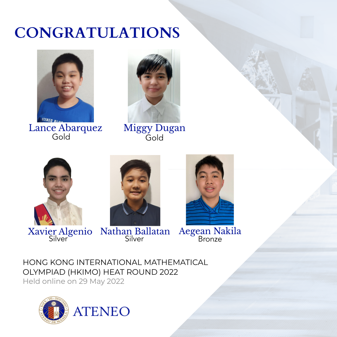 HKIMO PH round medal awardees Lance Abarquez, Miggy Dugan, Xavier Algenio, Nathan Ballatan, Aegean Nakila