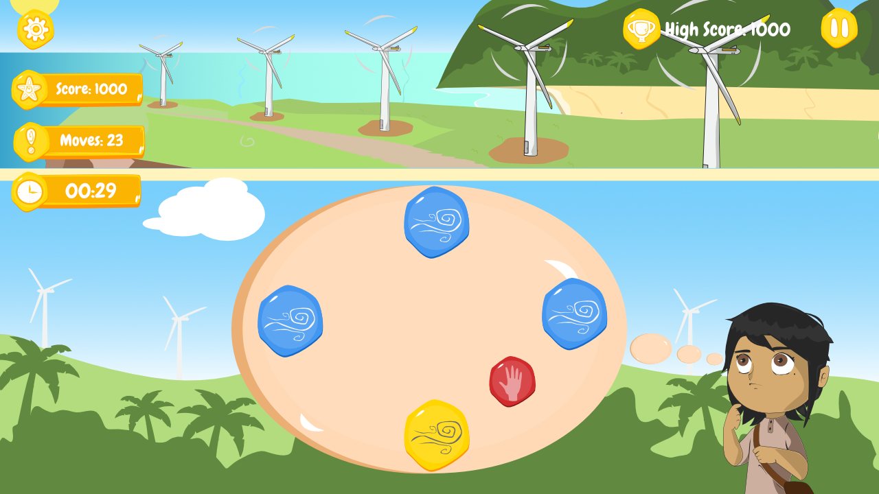 A screenshot from the videogame showing the wind energy minigame