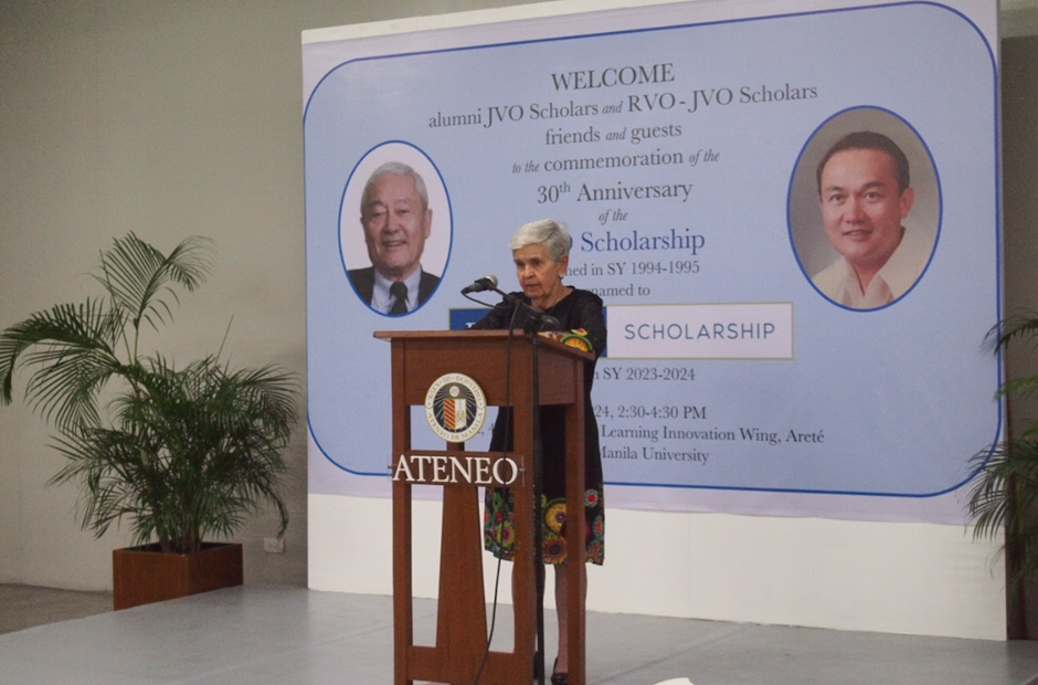 Maria Isabel “Maribel” Garcia Ongpin, wife of Jaime V Ongpin,  with a Message in behalf of the family of Roberto V Ongpin  at the start of the program to commemorate the 30th anniversary of the RVO-JVO Scholarship