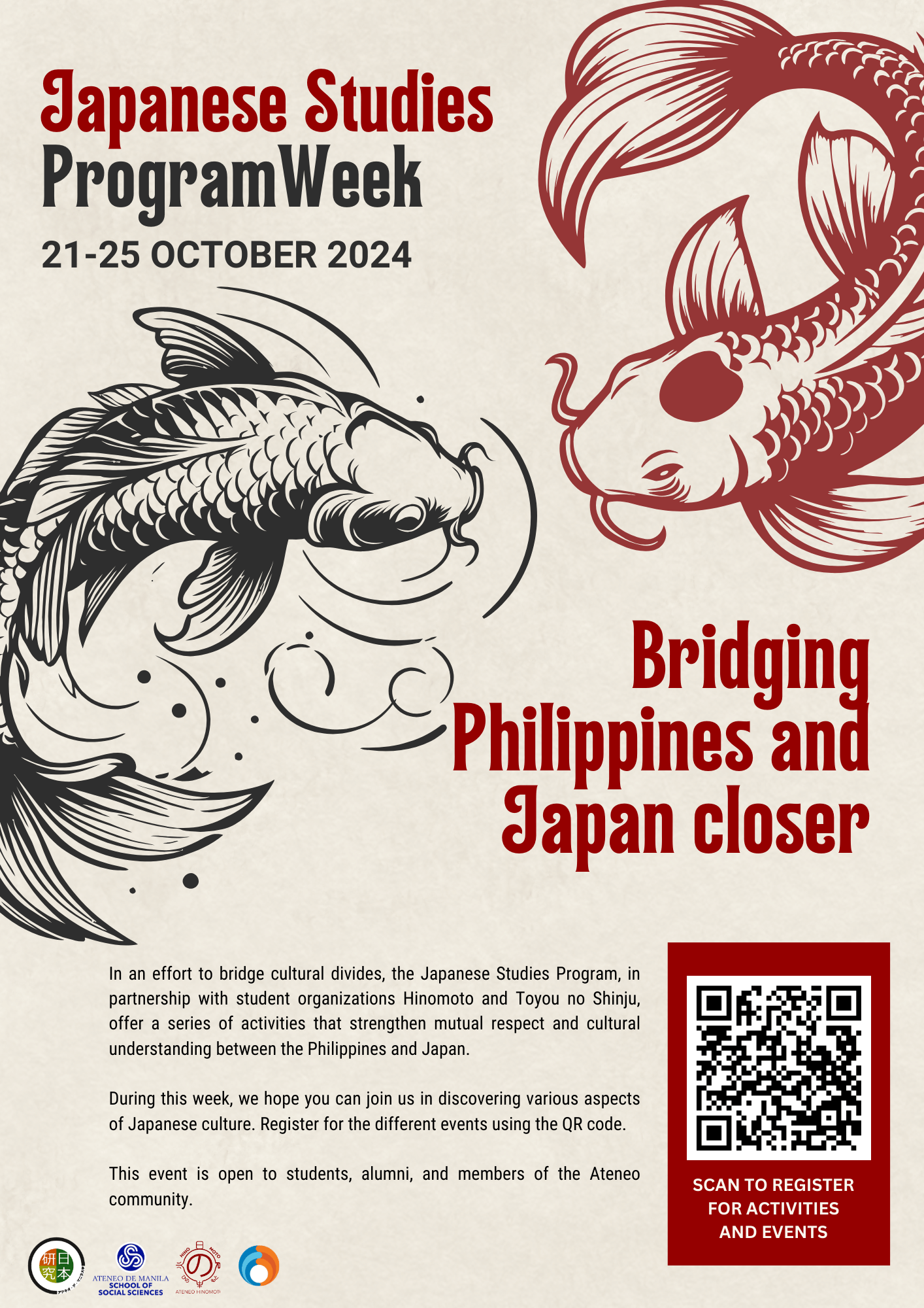 Poster of Japanese Studies Week that contains the QR code for the registration of the event