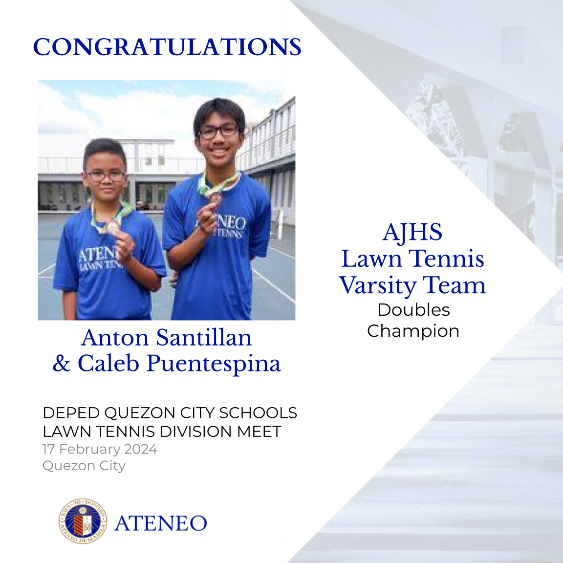 Anton Santillan & Caleb Puentespina are doubles champions of the 2024 QC Schools Lawn Tennis division meet  