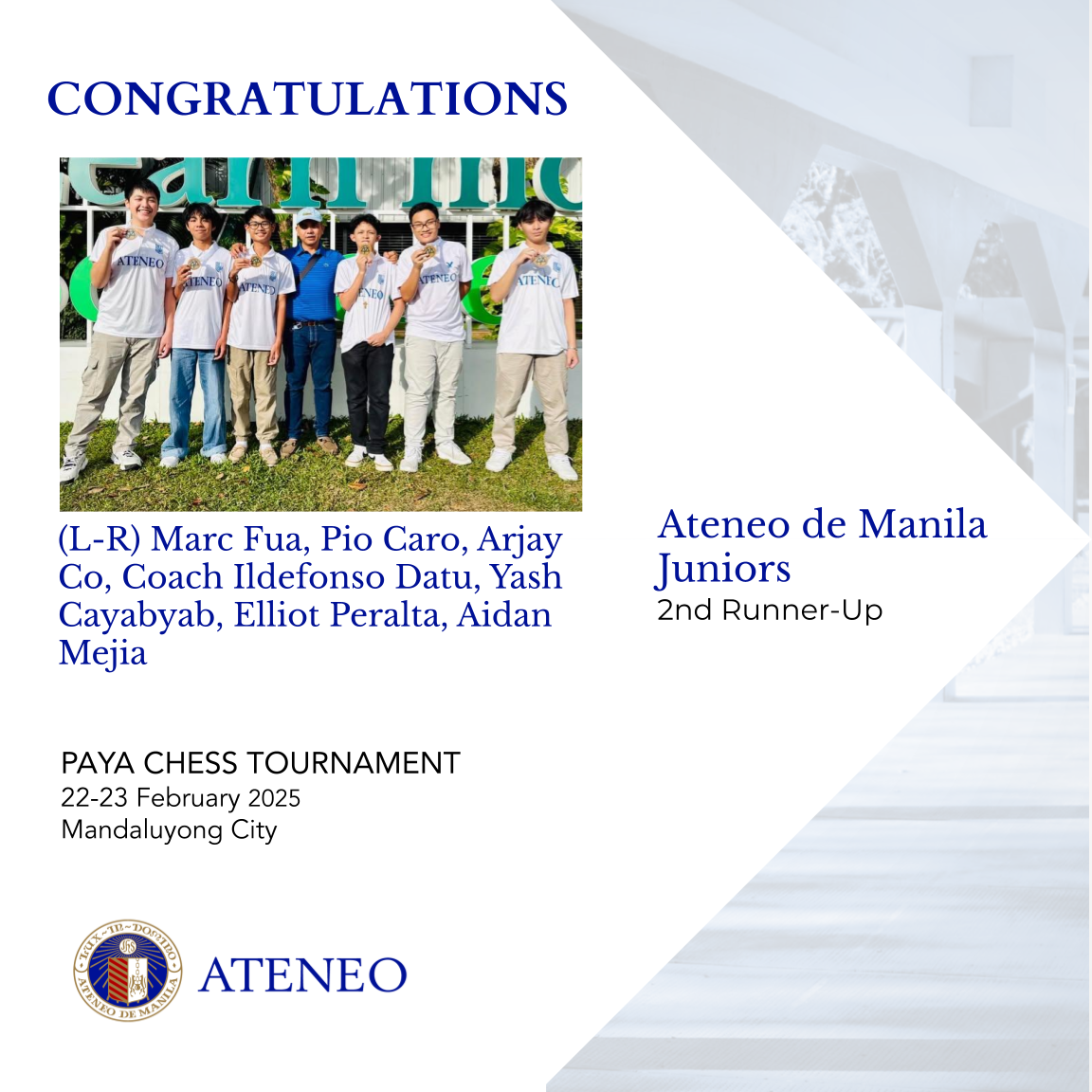 Ateneo Juniors are PAYA chess 3rd placers