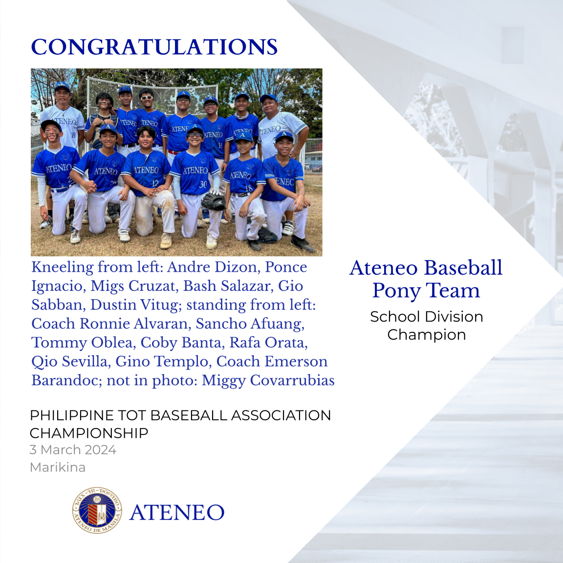 School Division Champions of the TOT Baseball Tourney  