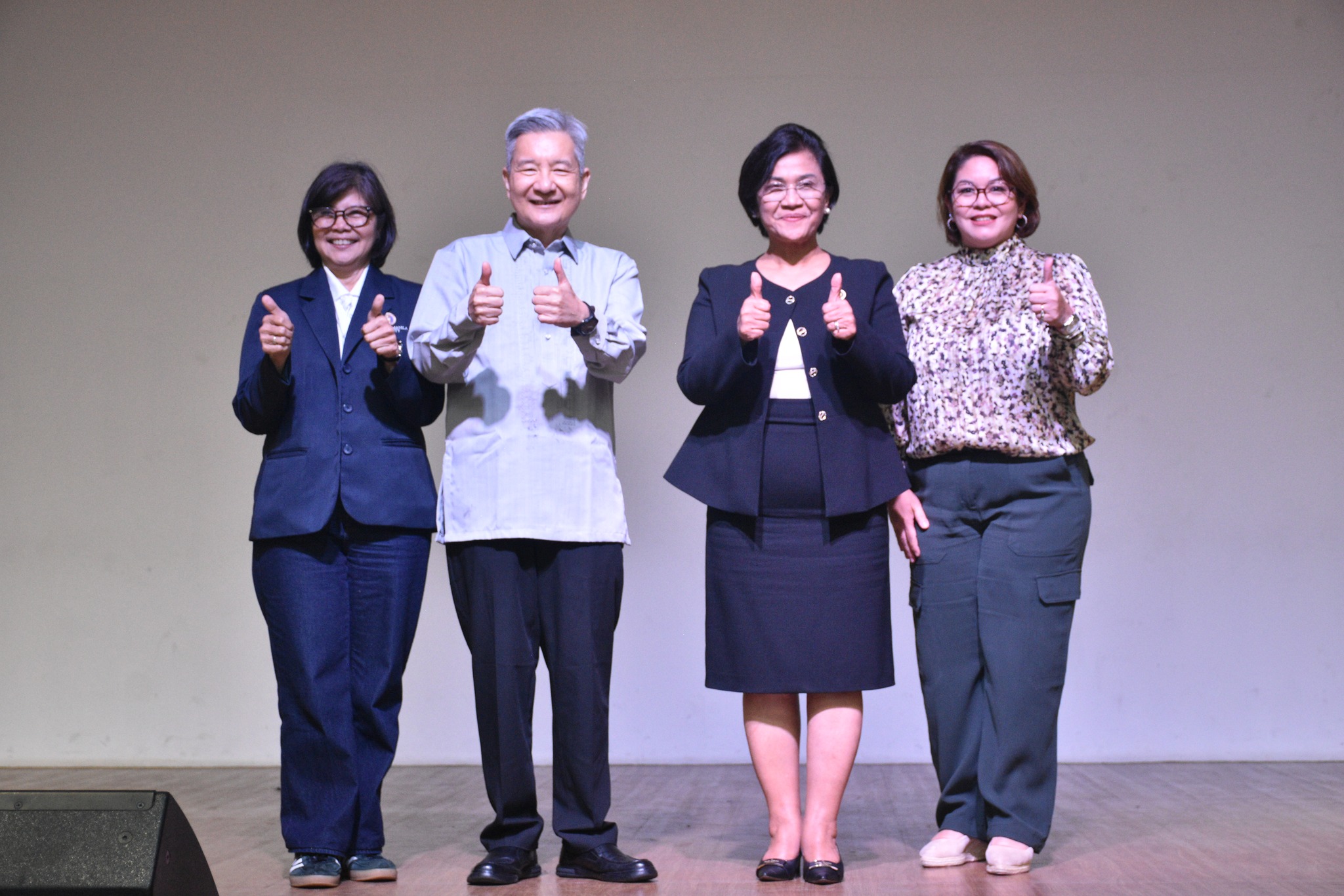 (L-R) Rose Banzon, Director of Strategy and Quality Management; Fr Yap; CHED Chair Agrupis; and Cristina Alikpala, AVP for University Partnerships and Internationalization. (Image courtesy CHED International Affairs Service)