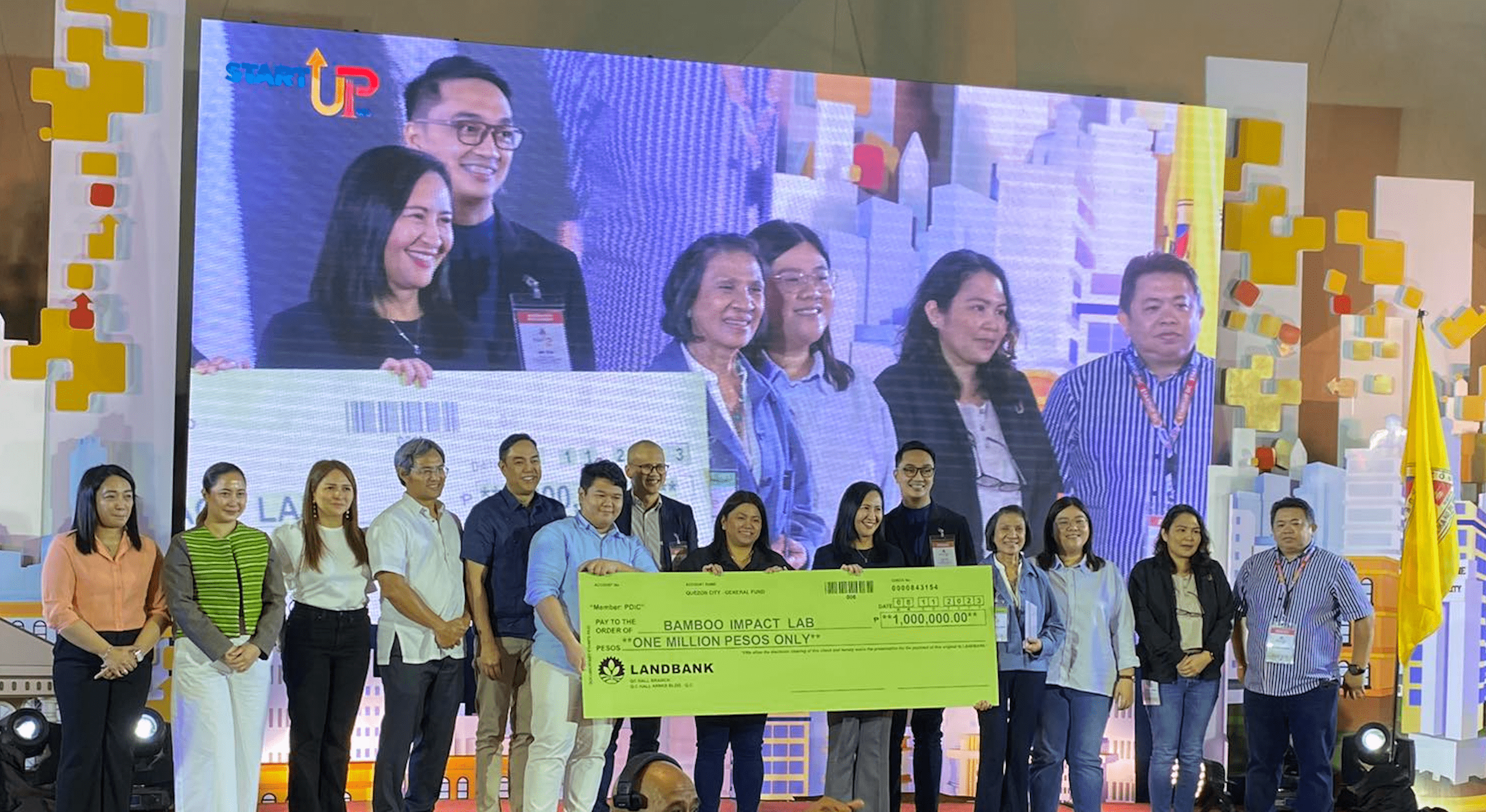 Photo: Bamboo Impact Lab receiving the 1-M grant during the StartUp QC Demo Day