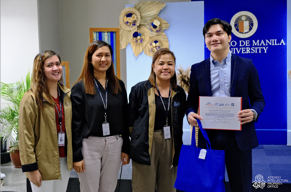 Image: AIPO members (left to right: Ms May Ann Udtojan, STEP Project Leader; Ms Vanessa Malapit, Head of AIPO-Protection and Education Group; and Ms Mariela Alcaparas, Project Development Officer) awarding certificate of recognition to Engr Kevin Facun