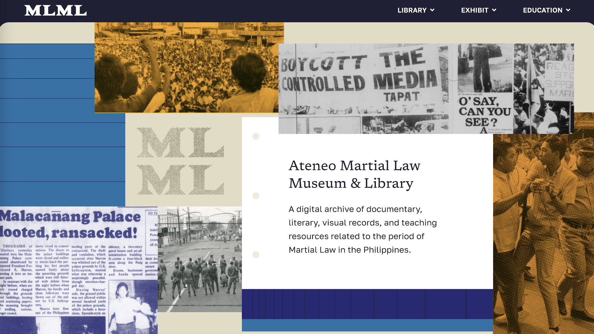 A screenshot of the homepage of the Ateneo Martial Law Museum and Library