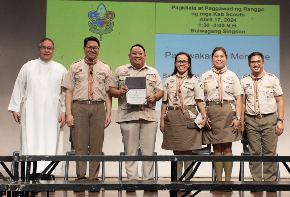 From left: Fr. Vic de Jesus, SJ; Sctr. Jervy M. Robles, WBH; QCC BSP Scout Executive Sctr. Errol Eugenio S. Garcia, ALT with CMT; Sctr. Virgie G. Esteves, WBH; Sctr. Ariette L. Pacle, WBH w/ CML; and Sctr. Mark Anthony C. Catarroja, WBH w/ CML