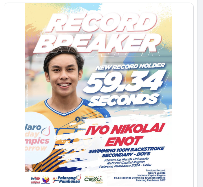 Screenshot of DepEd Philippines' Facebook post about Ivo Enot's new Palaarong Pambansa record