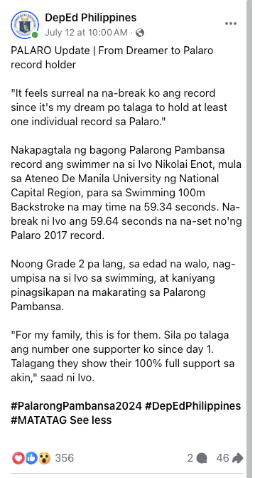 Screenshot of DepEd Philippines' Facebook post about Ivo Enot's new Palarong Pambansa record