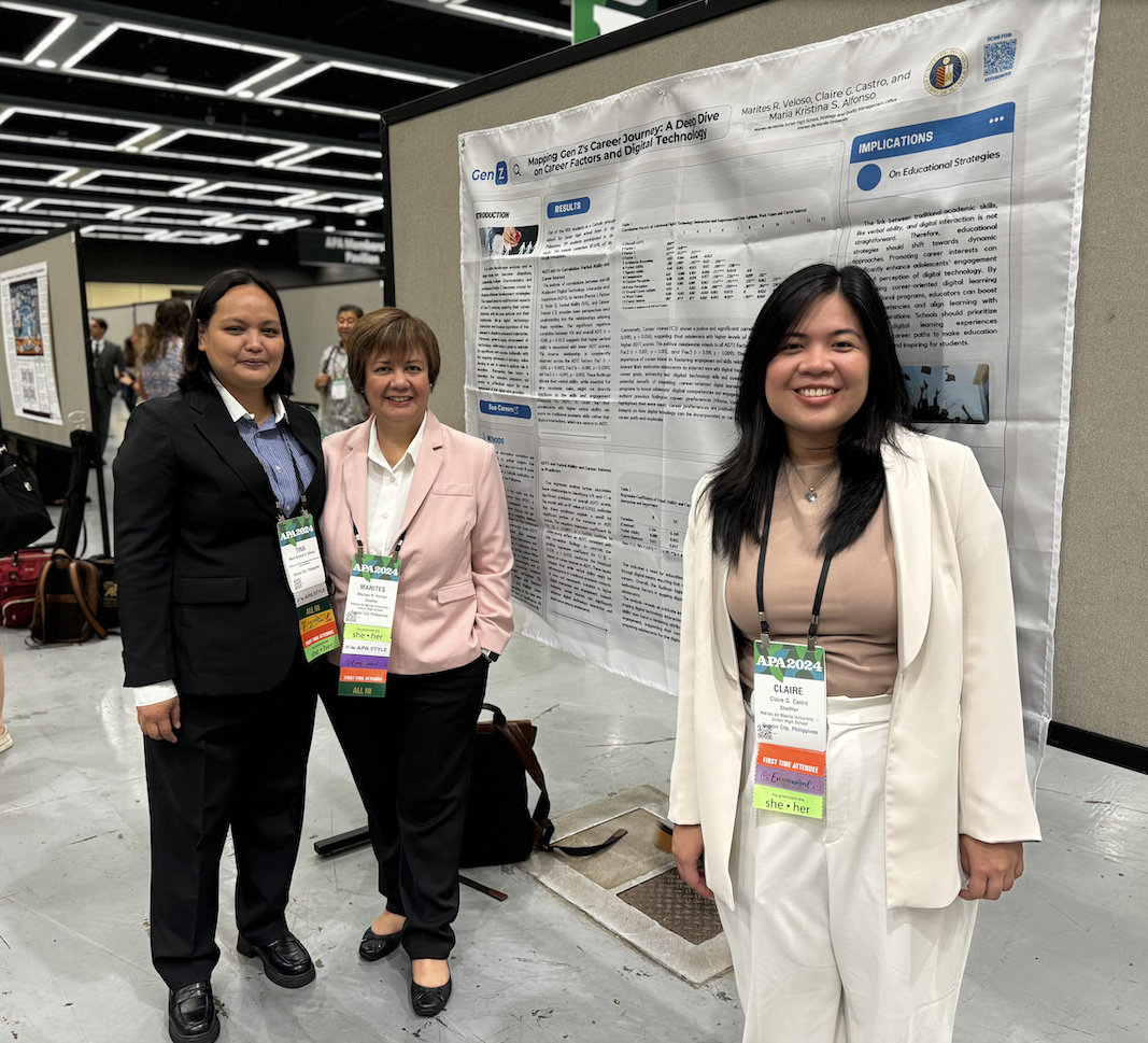 (L-R) Tina Alfonso, Marites Veloso, and Claire Castro pose with their research paper, which was presented “poster style” for all attendees at the APA Conference in Seattle