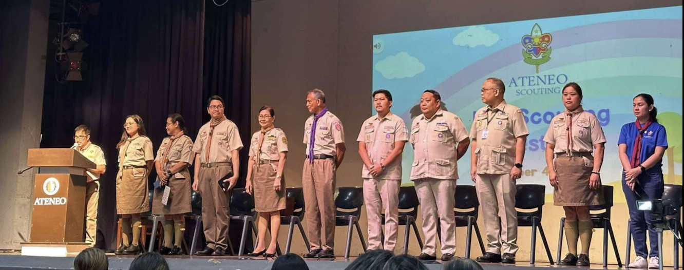 (L-R) Mark Catarroja, Boy Scouting Commissioner; Steffani Kim Guillermo, KID Scouting Commissioner; Virgie Esteves; Jervy Robles; Leonita Malaza, BSP QC KID Commissioner; Cedric Train, BSP Chief National Commissioner; Mark Roy Boado, BSP NCR Chairperson; Errol Garcia, BSP QC Scout Executive; Fr Jonjee Sumpaico SJ; Ariette Pacle, AGS Office of Student Activities Coordinator; and Paula Quodala, AGS Kinder Grade Level Coordinator