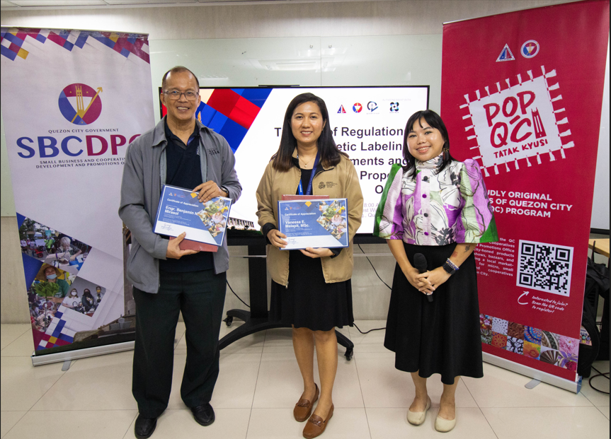 Image: Awarding of Certificate of Appreciation to the speakers; (from L-R) Engr Benjamin Mirasol and Ms Vanessa Malapit MSc representing AIPO; Ms Erika Juanson representing Small Business and Cooperatives Development and Promotions Office (QC-SBCDPO)