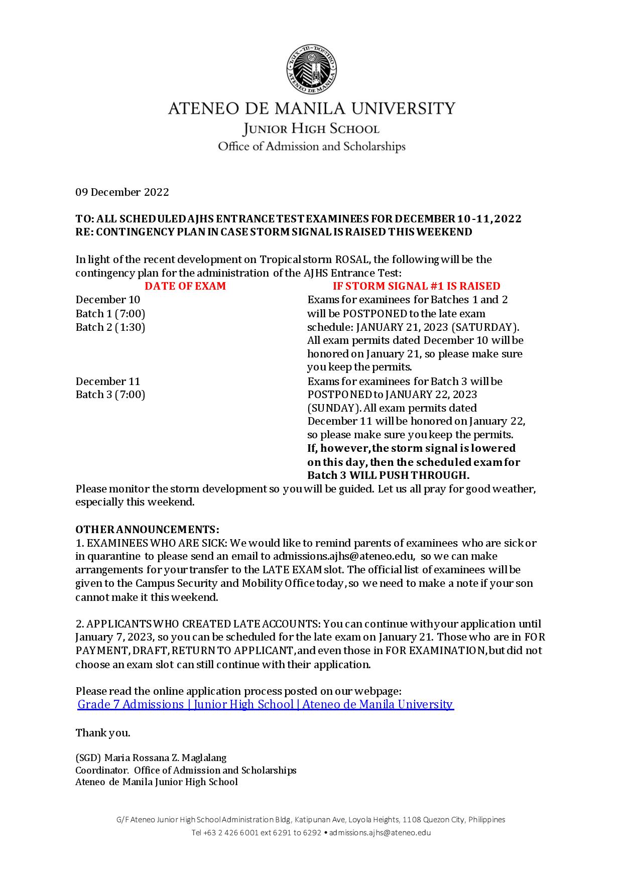 AJHS Entrance Text contingency plan in light of Tropical Storm ROSAL  