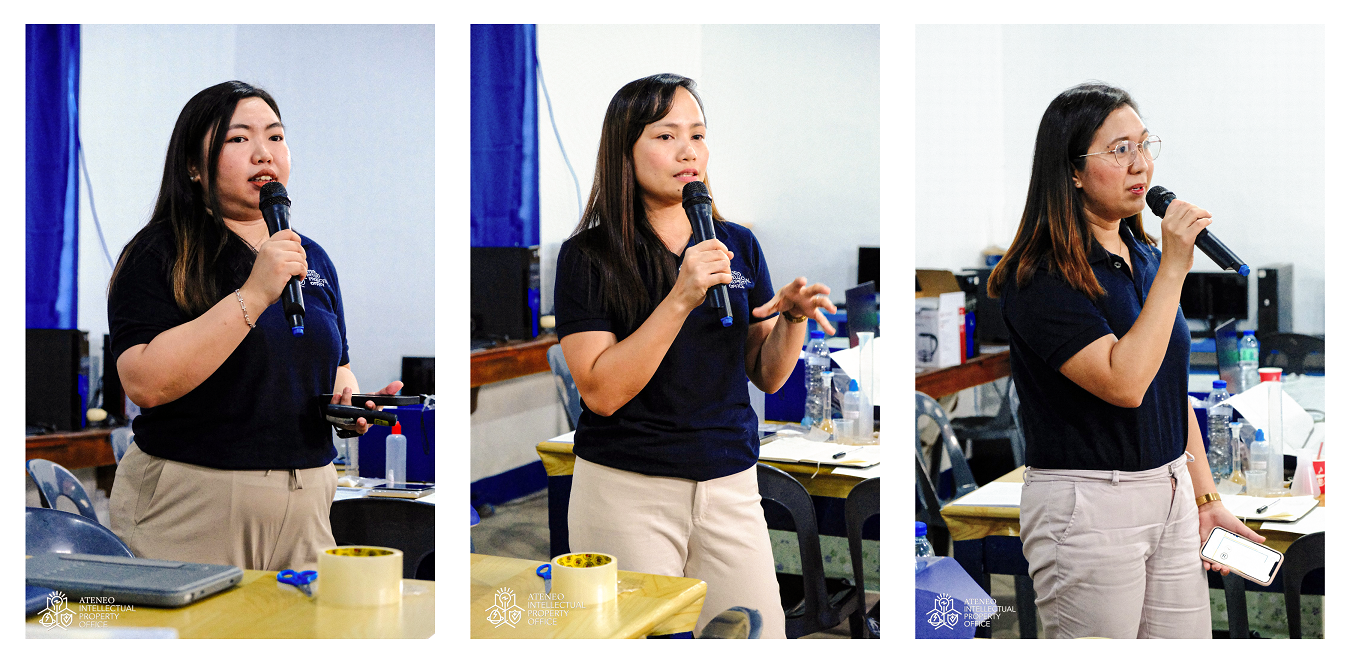 ( L-R  Ms Madielaine Fatallo discussing patents, utility models, and industrial designs, Ms Charity Maquiling presenting on trademarks, and Ms Vanessa Malapit talking about copyright during the IP awareness session)