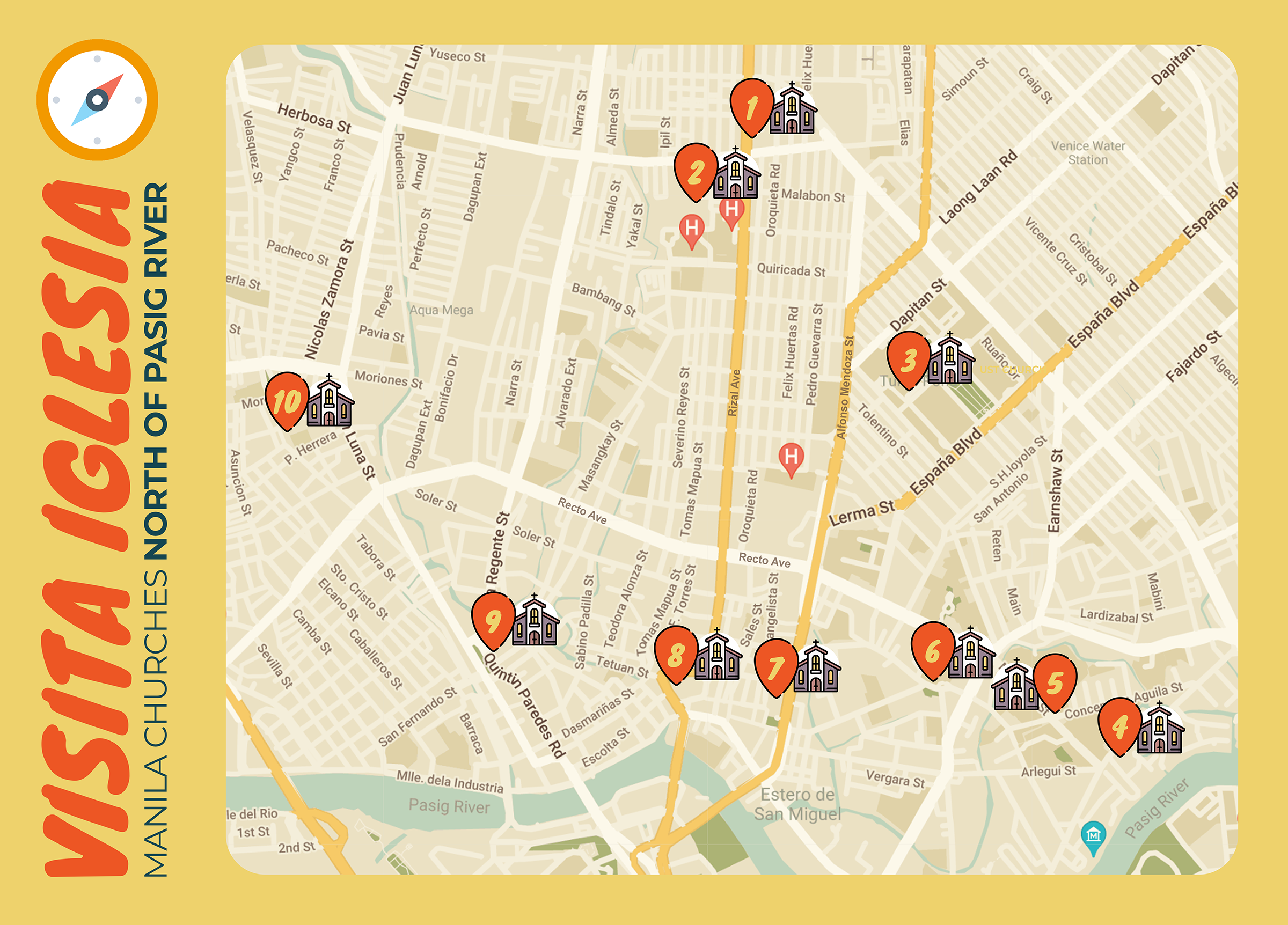 Map of Manila churches north of Pasig River