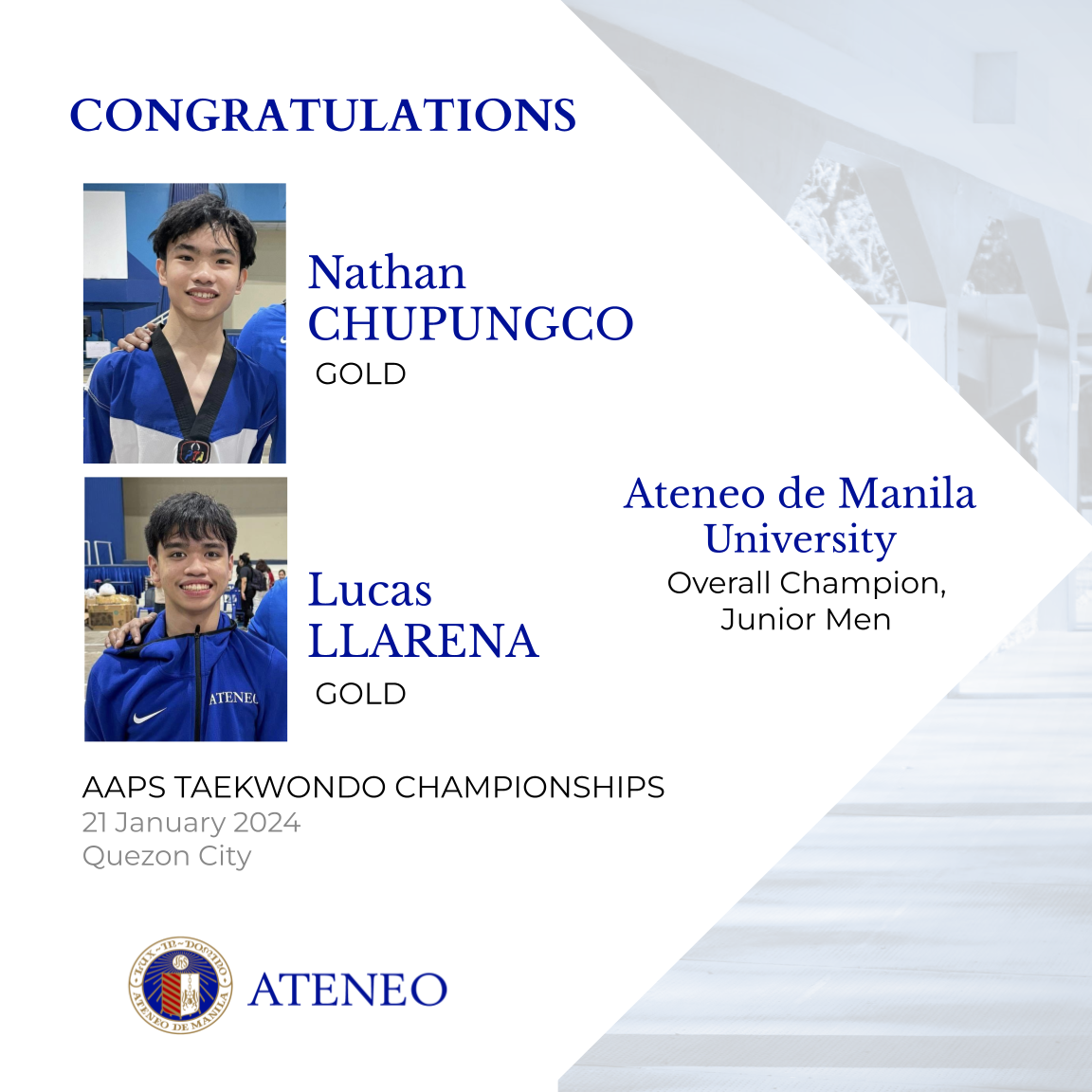 AAPS taekwondo gold medalists Nathan Chupungco and Lucas Llarena
