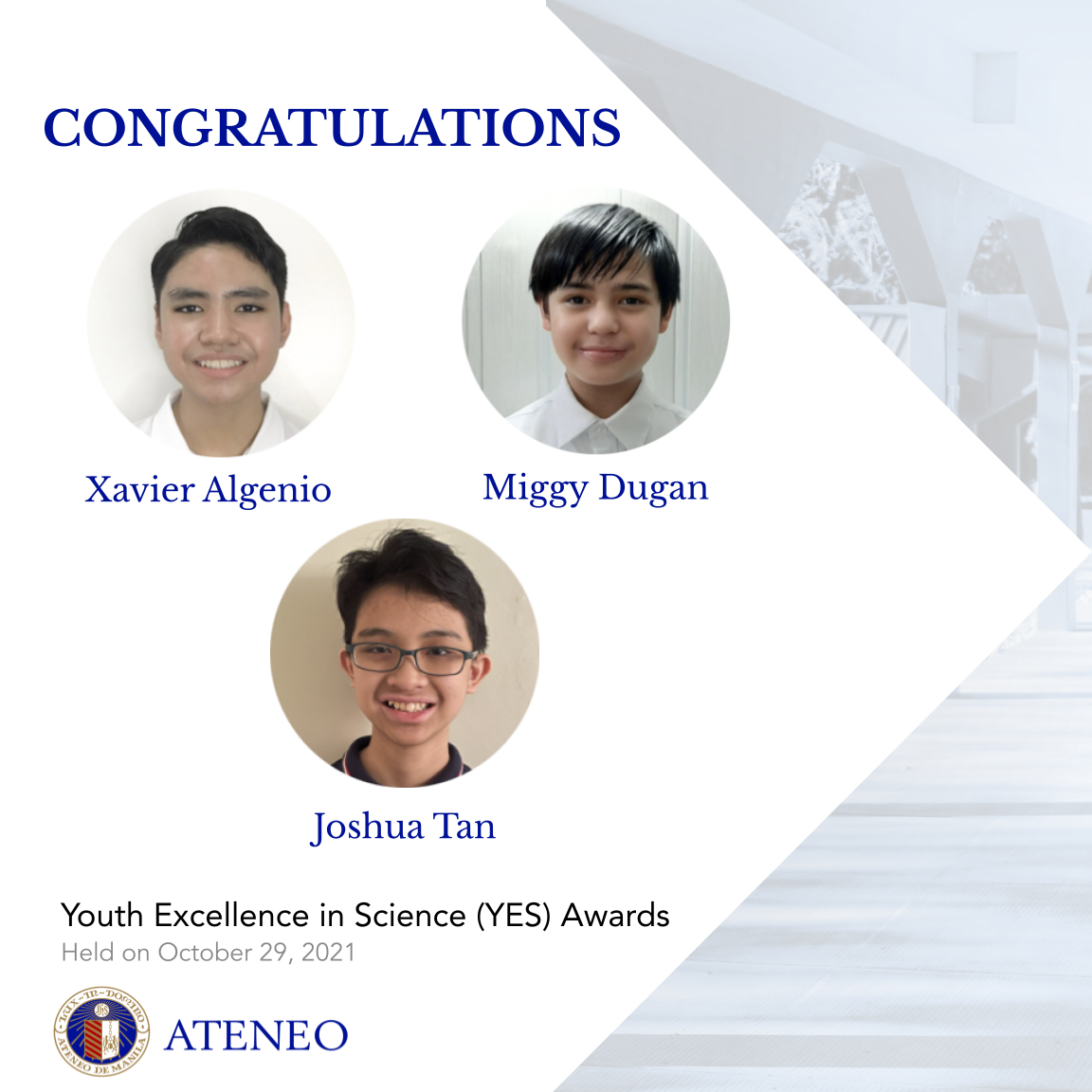 YES awardees Xavier Algenio, Miggy Dugan, and Joshua Tan
